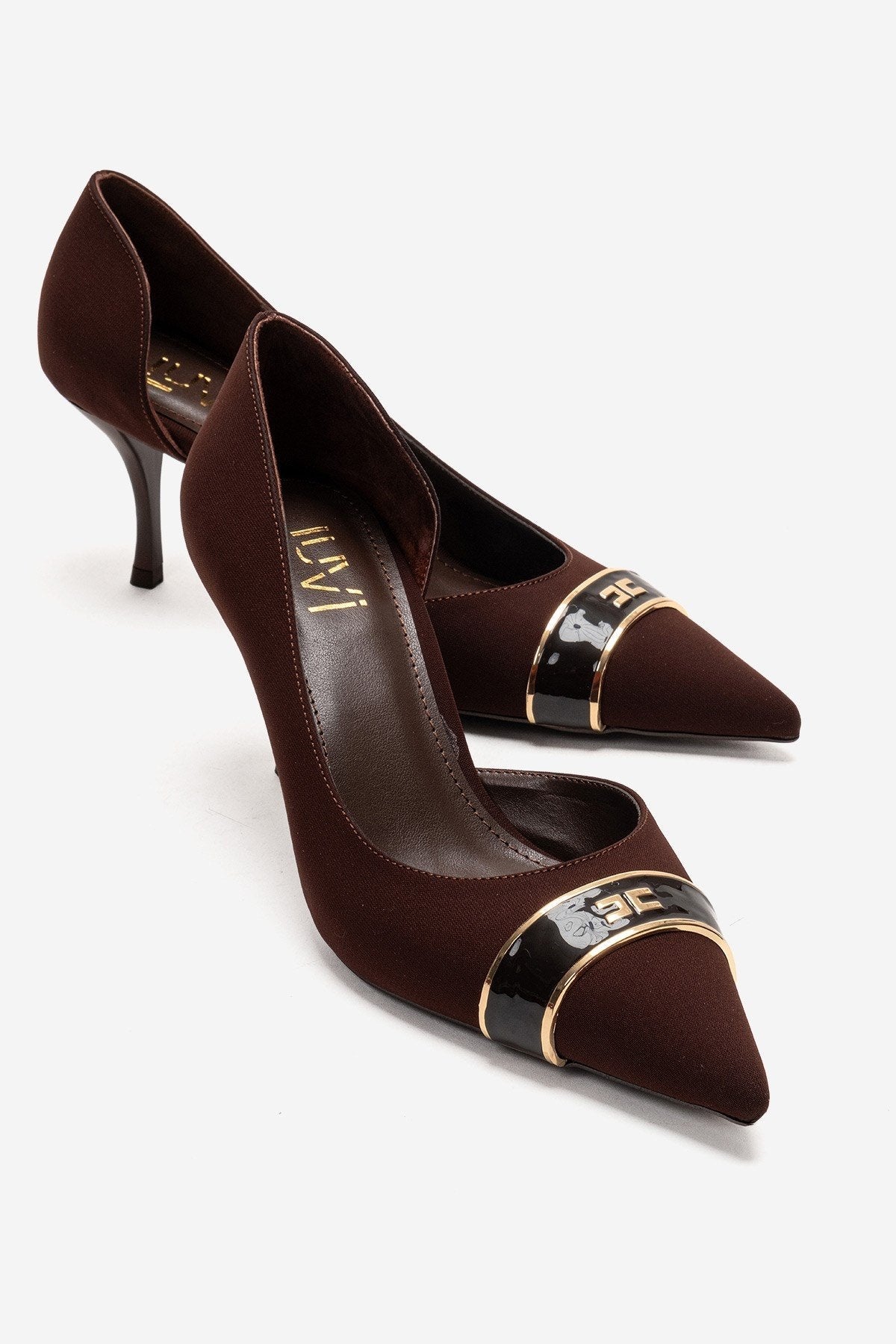 Kendra - Genuine Leather Brown Stiletto Heel – front three-quarter view showing leather, metallic, Vowalisse
