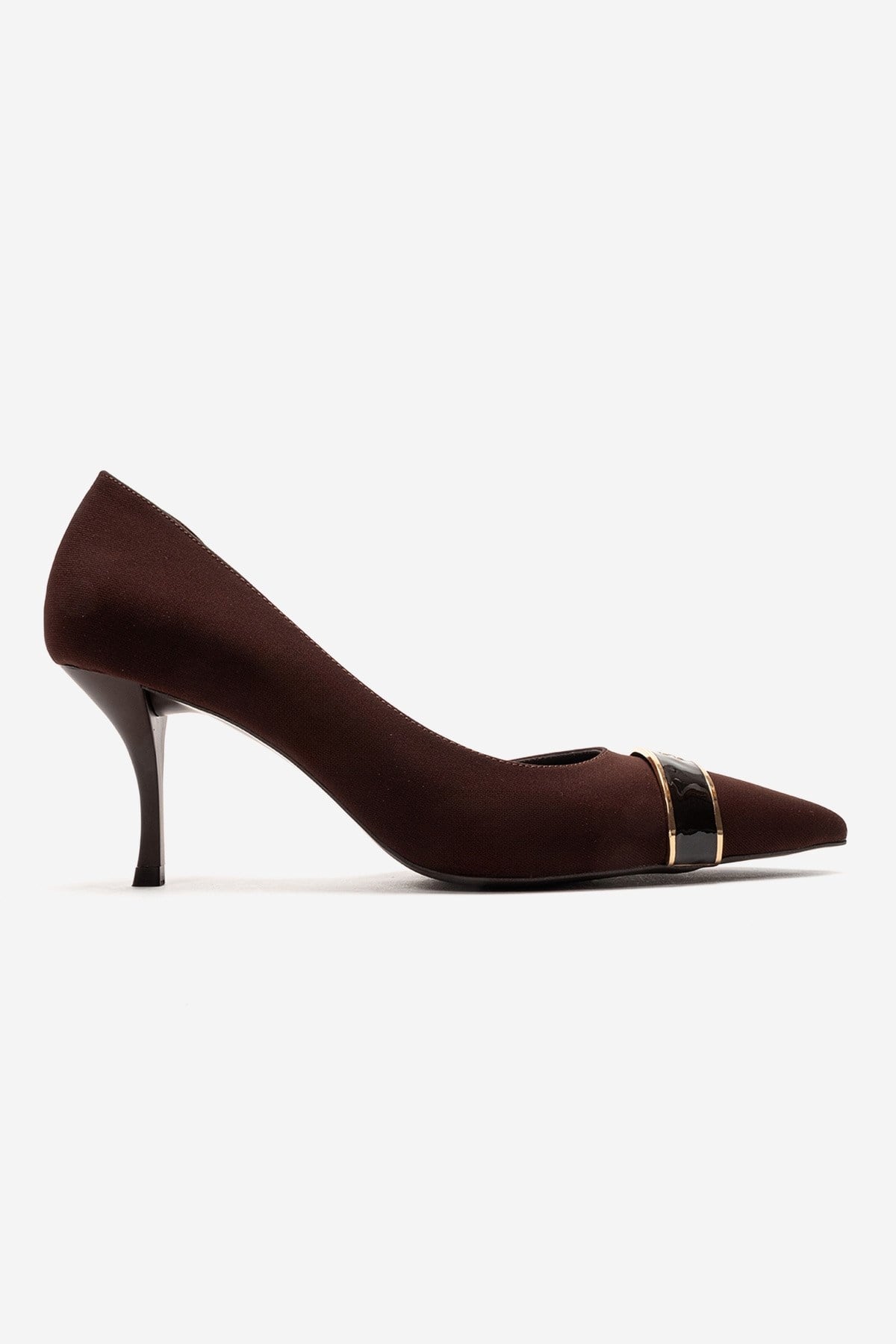 Kendra - Genuine Leather Brown Stiletto Heel – heel view showing leather, metallic, Vowalisse