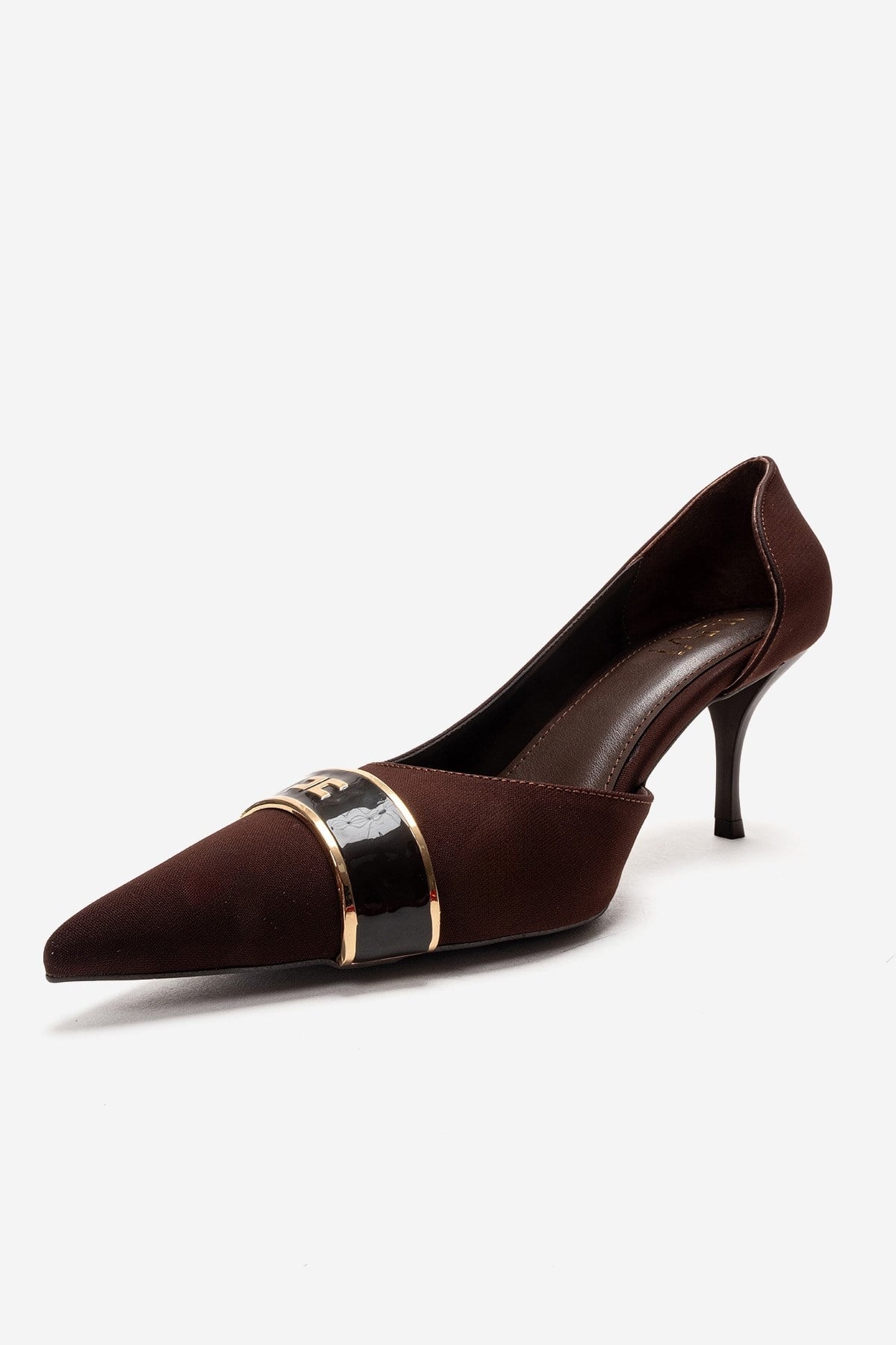 Kendra - Genuine Leather Brown Stiletto Heel – top view showing leather, metallic, Vowalisse