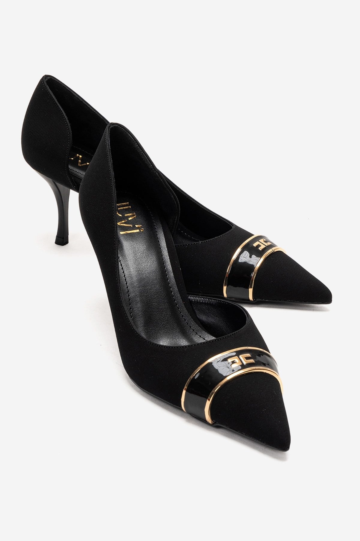 Kendra - Genuine Leather Black Stiletto Heel – front three-quarter view showing leather, metallic, black, Vowalisse