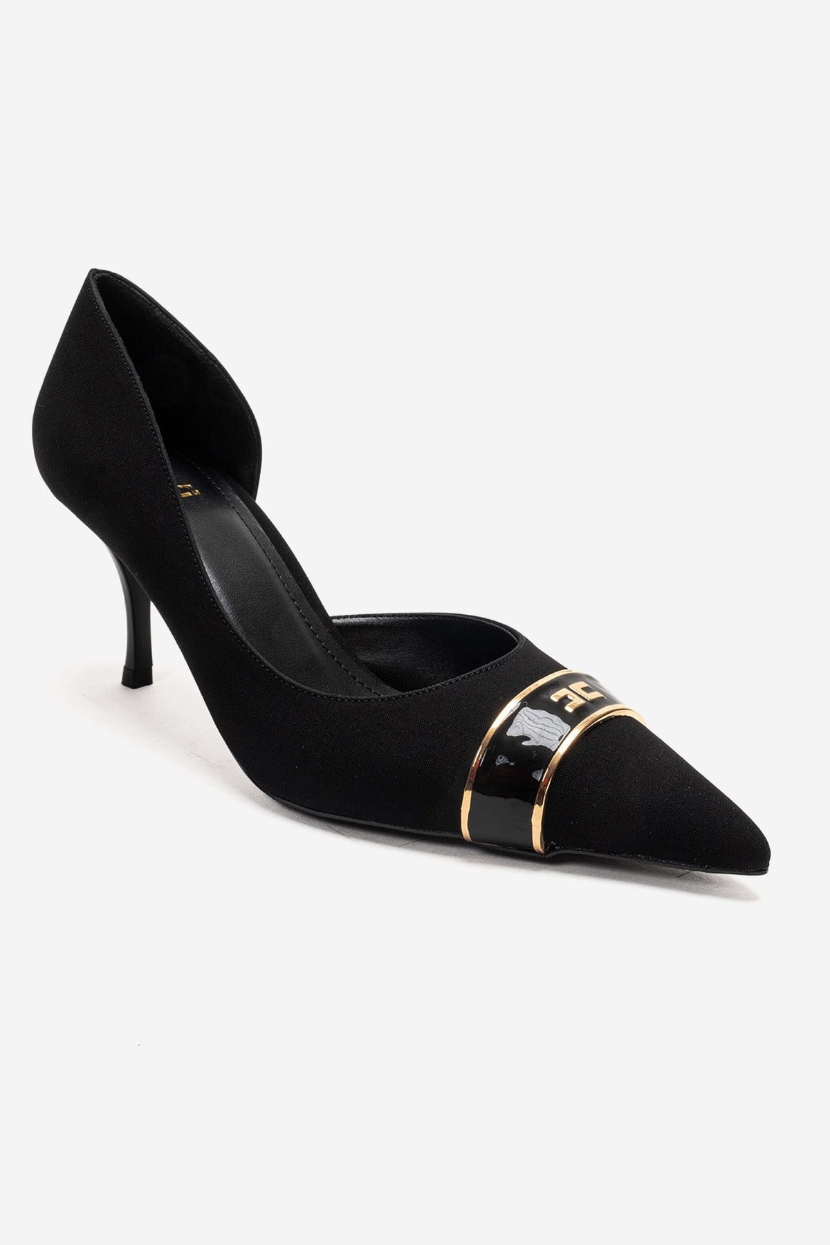 Kendra - Genuine Leather Black Stiletto Heel – detail view showing leather, metallic, black, Vowalisse