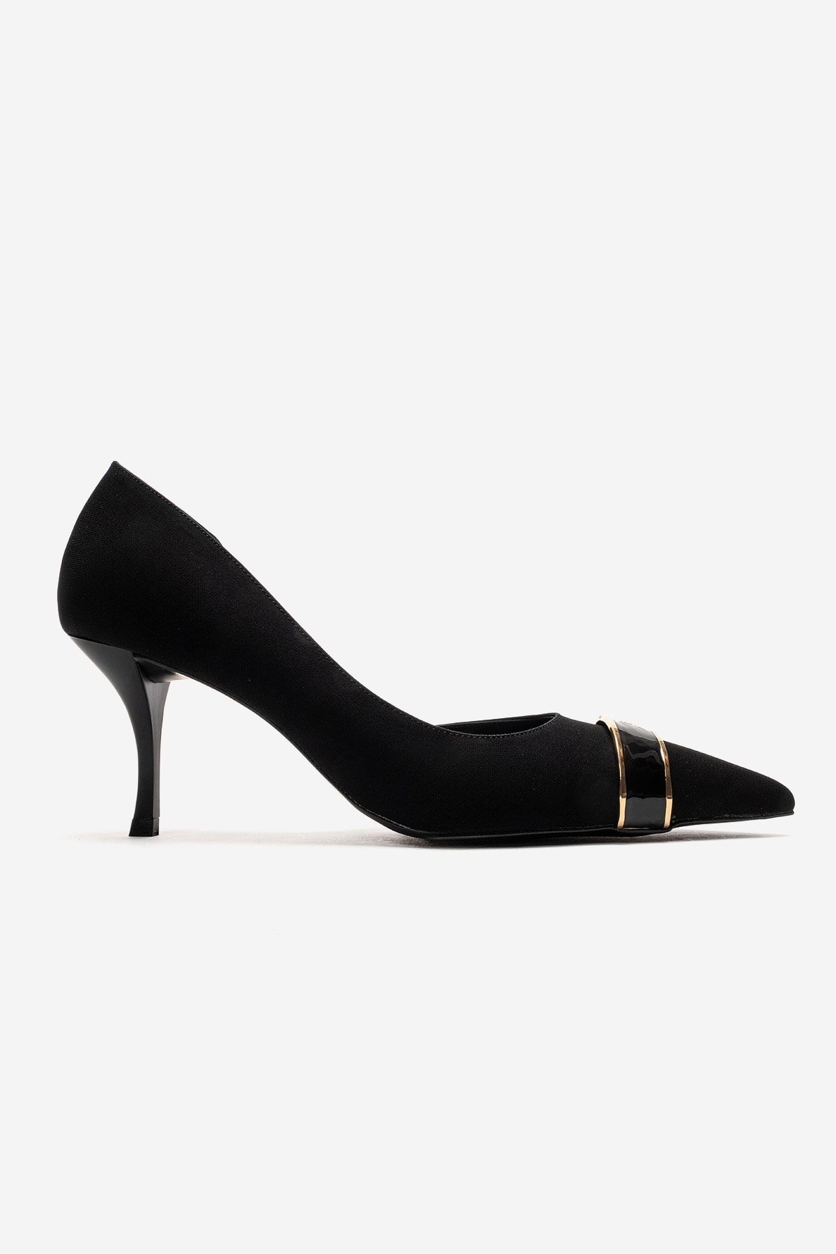 Kendra - Genuine Leather Black Stiletto Heel – heel view showing leather, metallic, black, Vowalisse