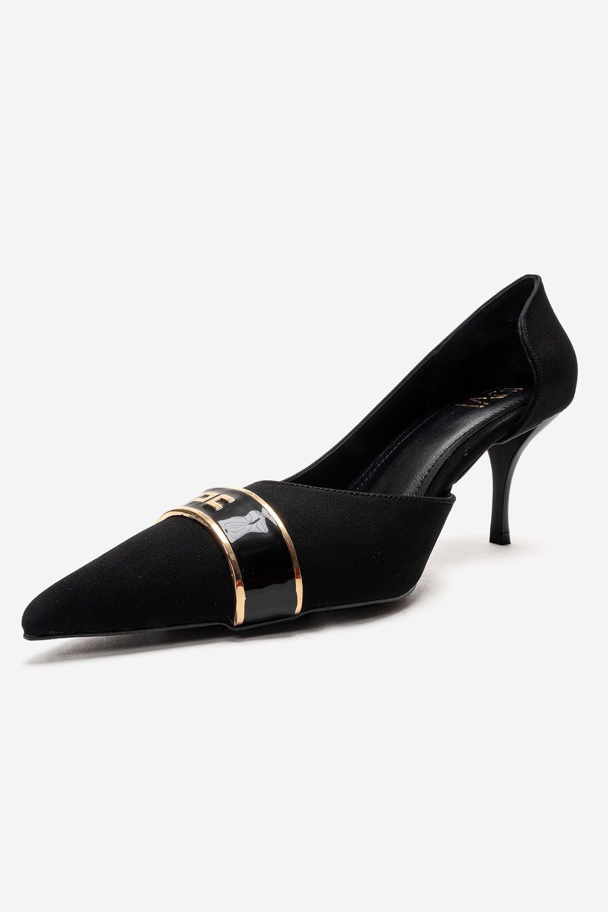 Kendra - Genuine Leather Black Stiletto Heel – top view showing leather, metallic, black, Vowalisse