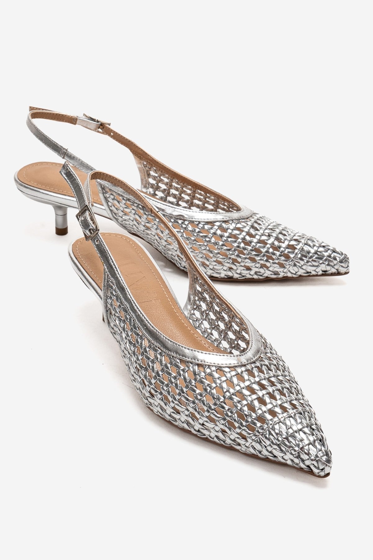 Orelis - Genuine Leather Silver Kitten Heel – front three-quarter view showing leather, silver, Vowalisse
