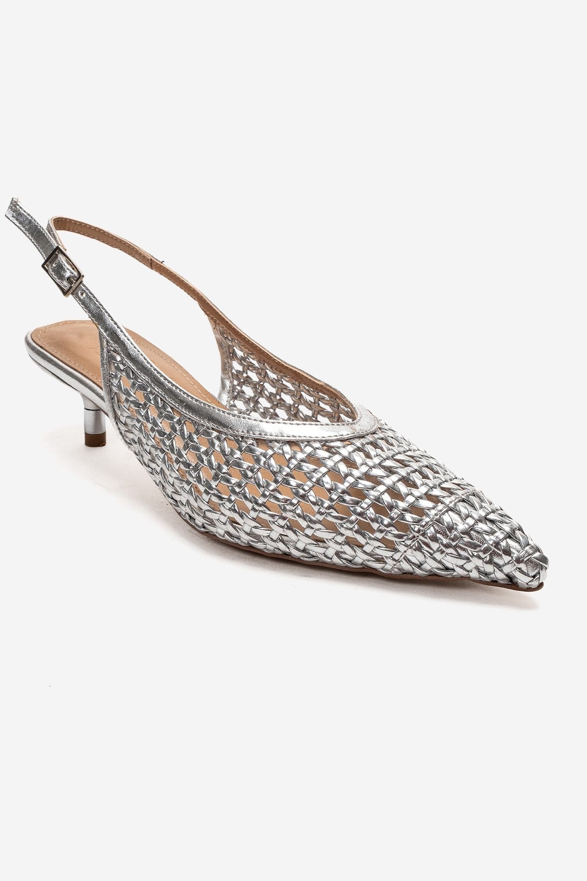 Orelis - Genuine Leather Silver Kitten Heel – detail view showing leather, silver, Vowalisse