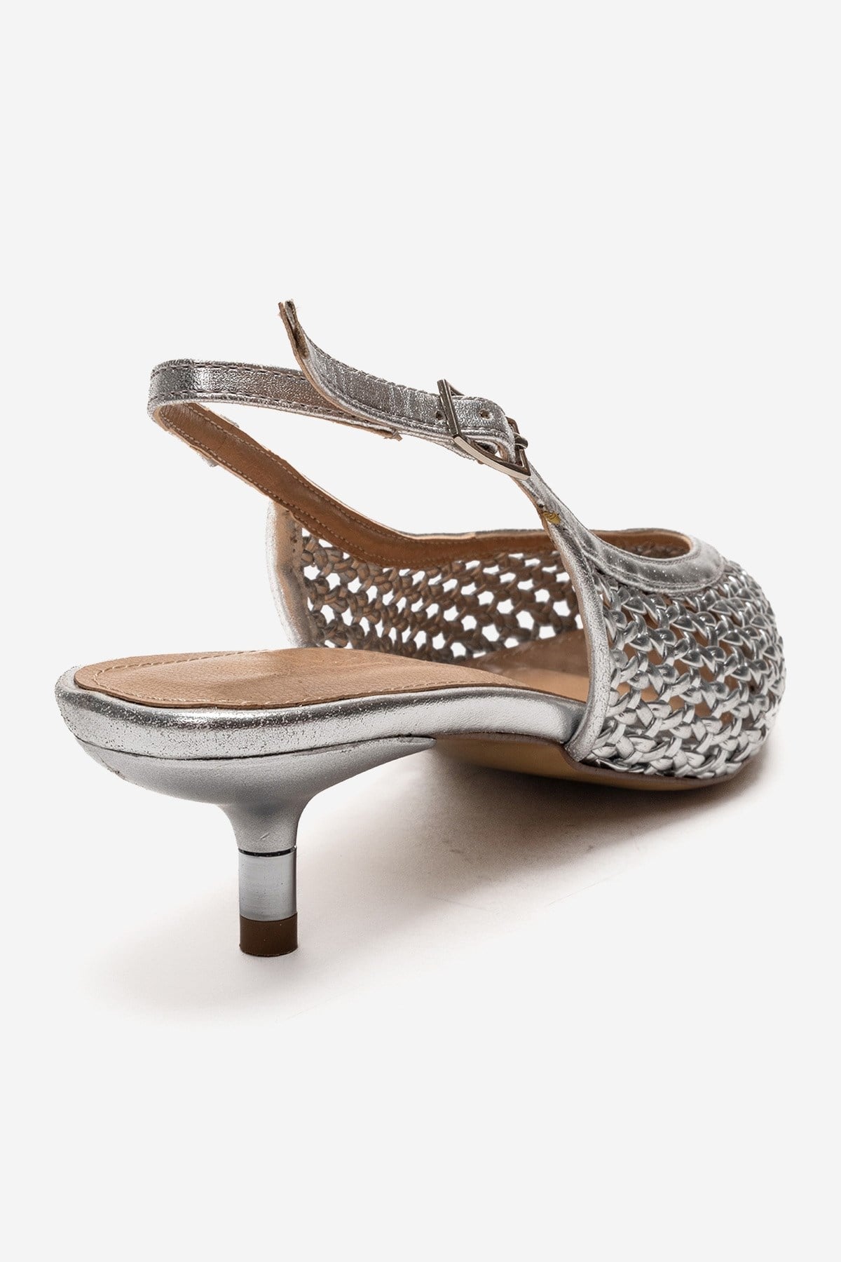 Orelis - Genuine Leather Silver Kitten Heel – back view showing leather, silver, Vowalisse