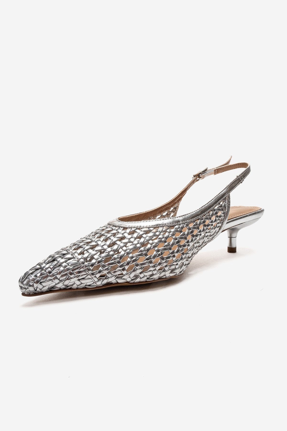 Orelis - Genuine Leather Silver Kitten Heel – top view showing leather, silver, Vowalisse