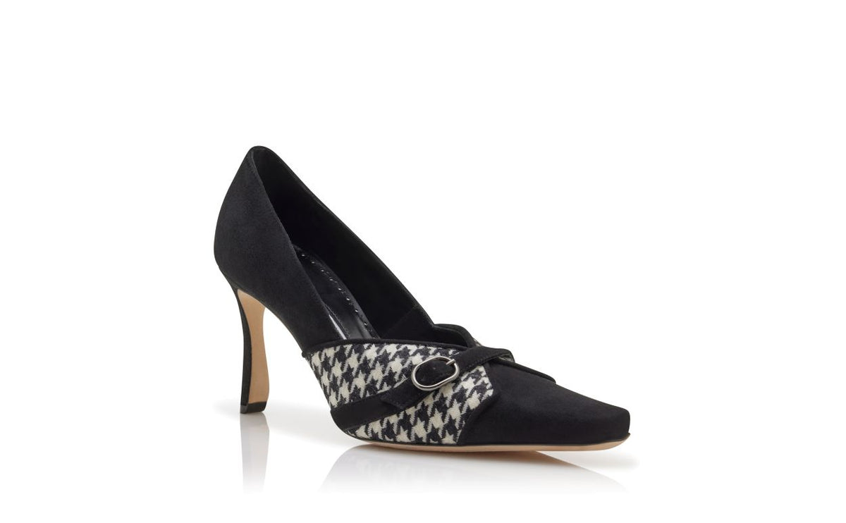 Evangeline Shine Black Almond Toe Pumps – top view showing black almond toe, suede, Vowalisse