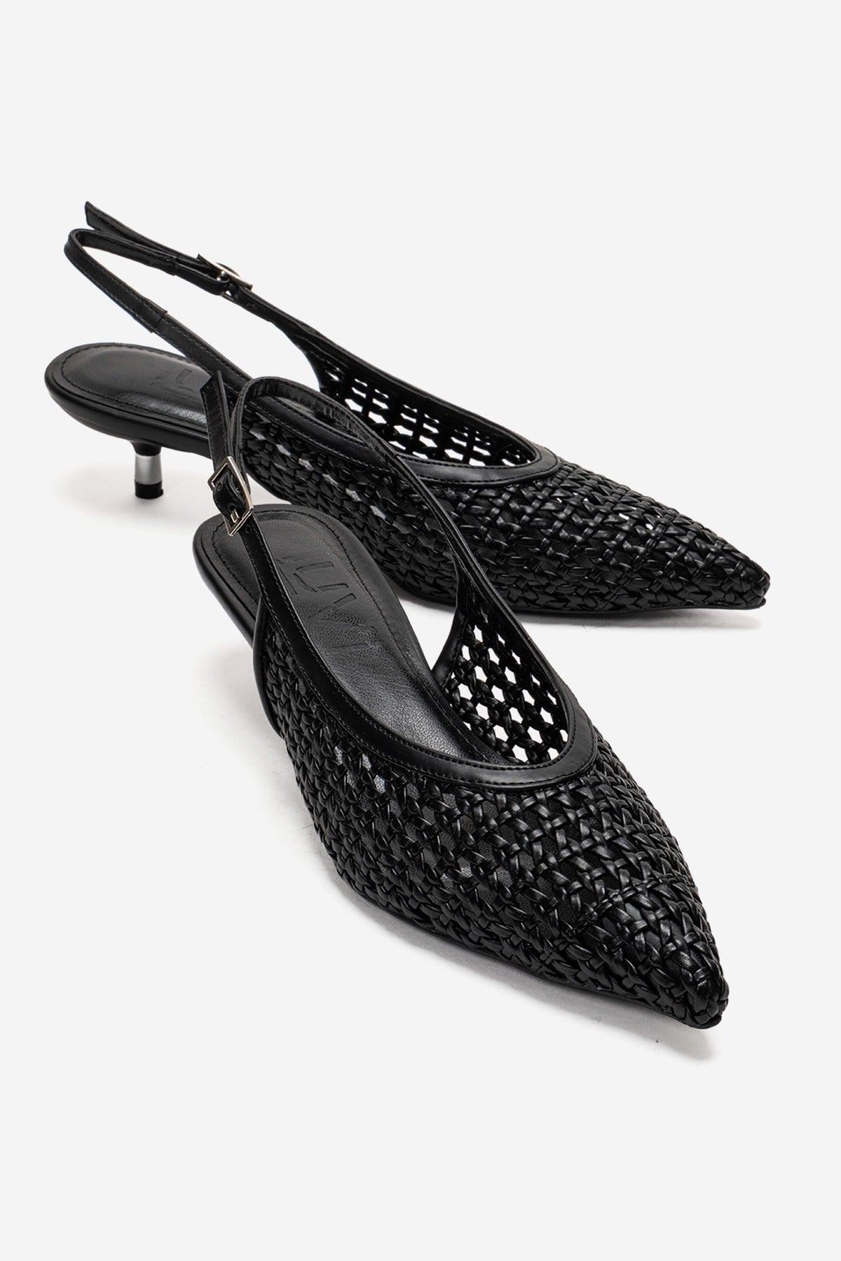 ORELIS - Black Woven Pattern Kitten Heel Shoe – front three-quarter view showing leather, black, red, Vowalisse