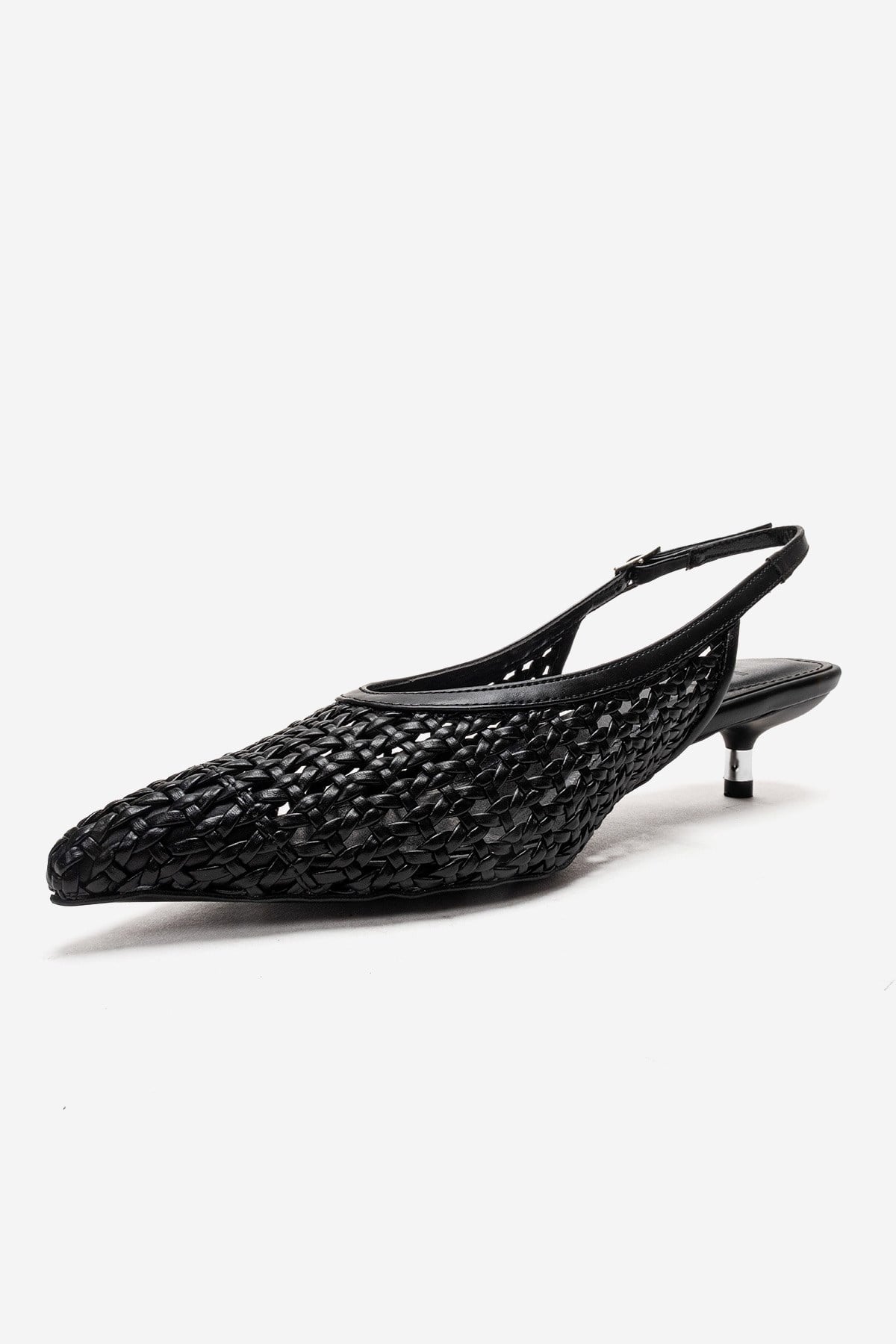 ORELIS - Black Woven Pattern Kitten Heel Shoe – top view showing leather, black, red, Vowalisse