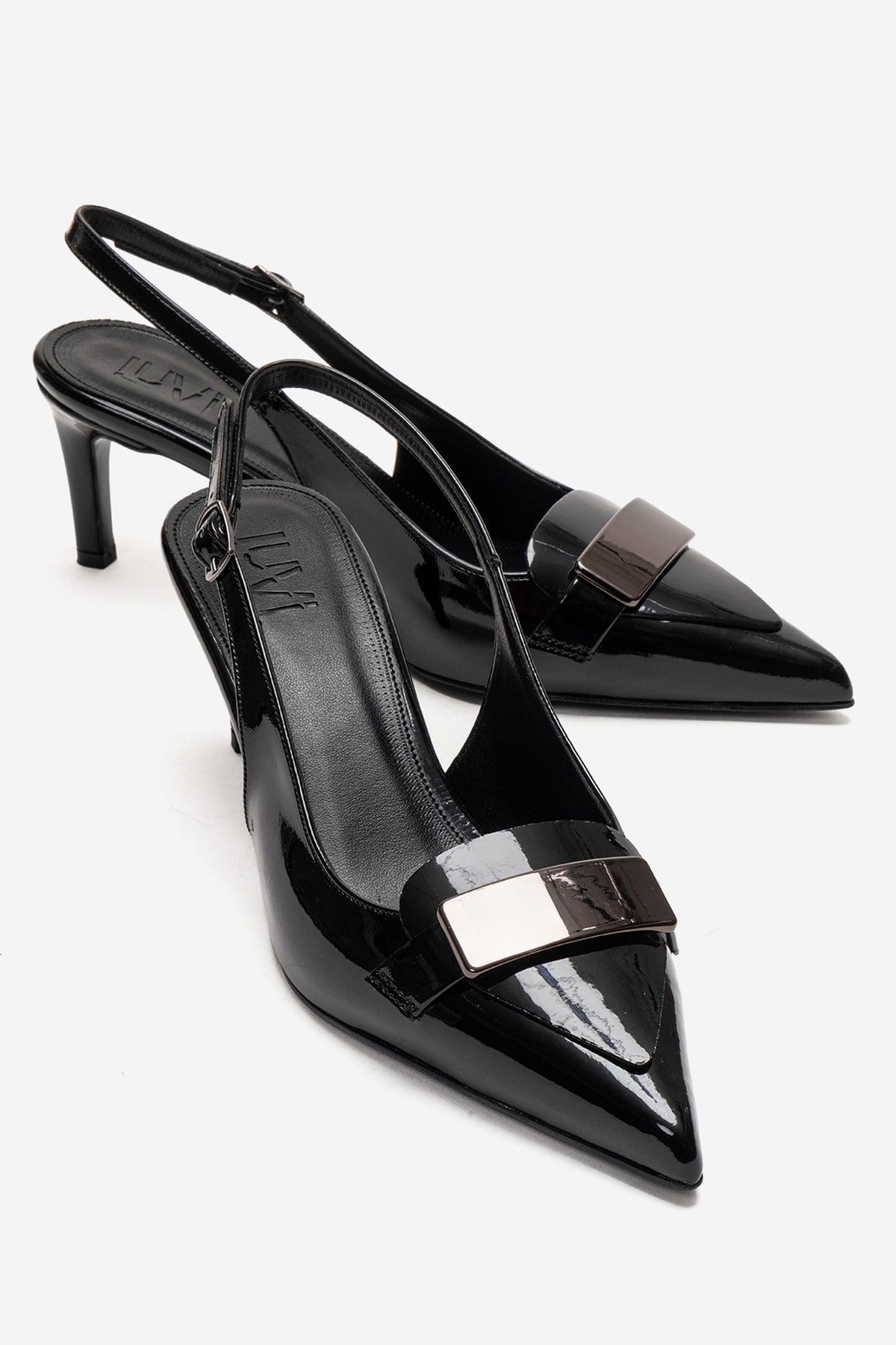 SOLLENNE - Black Stiletto Pump – front three-quarter view showing leather, black, Vowalisse