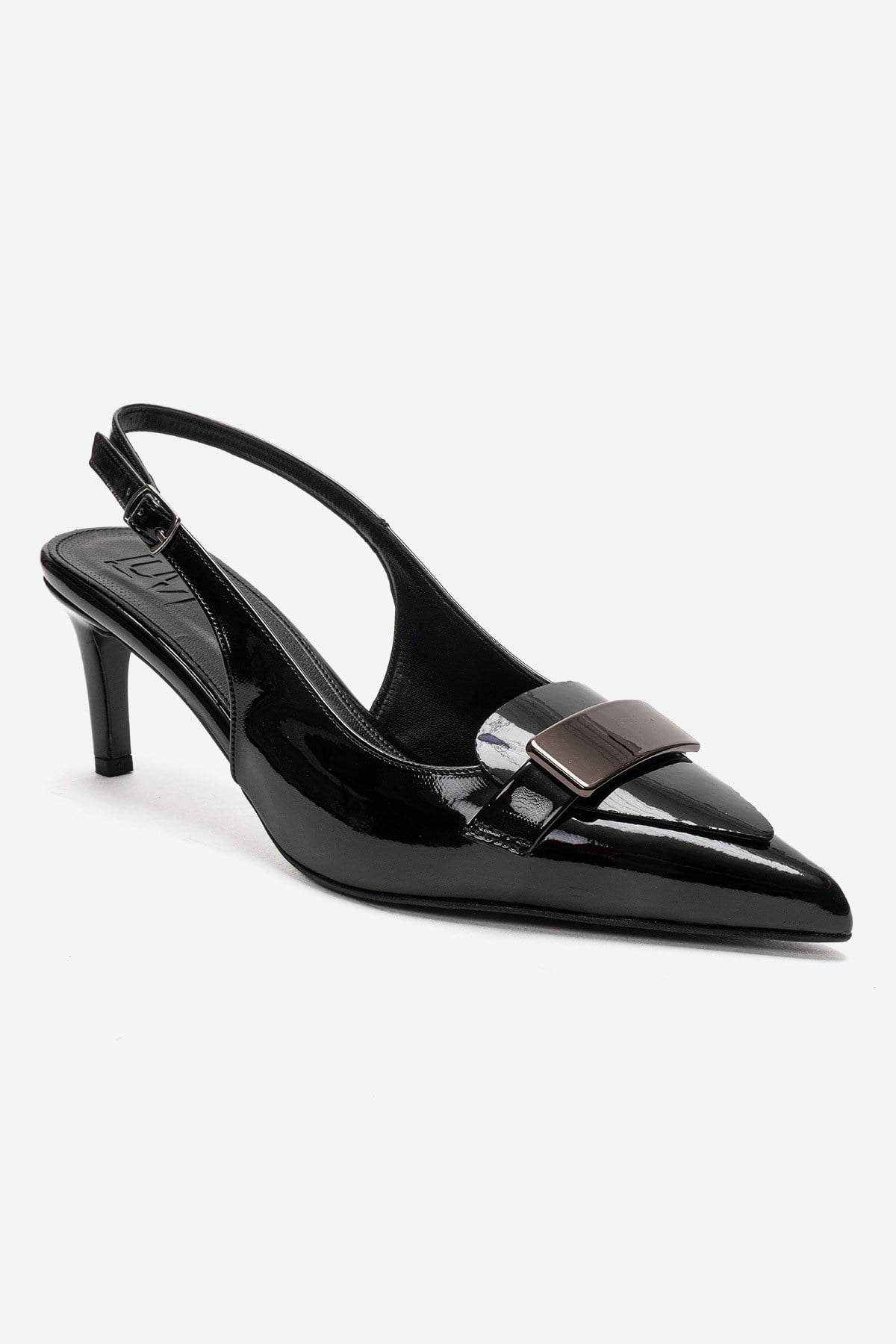 SOLLENNE - Black Stiletto Pump – detail view showing leather, black, Vowalisse