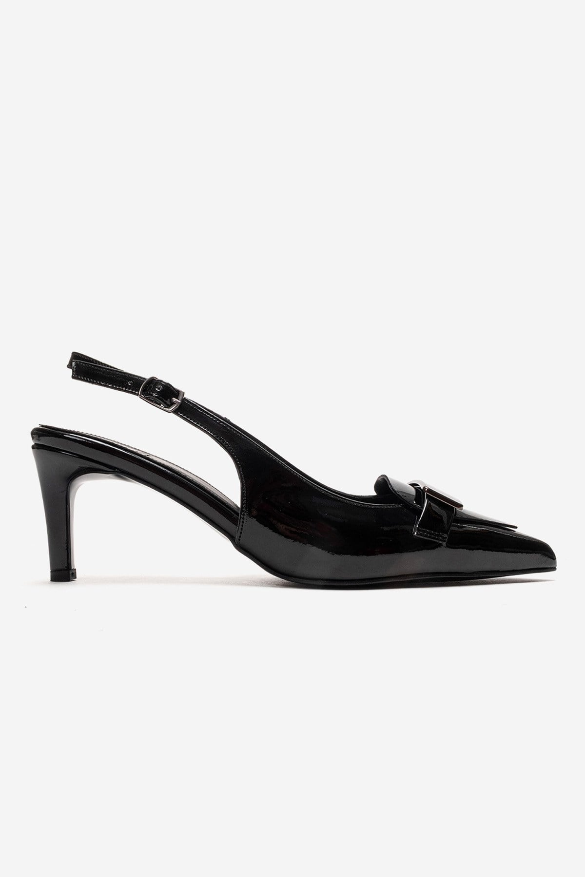 SOLLENNE - Black Stiletto Pump – heel view showing leather, black, Vowalisse