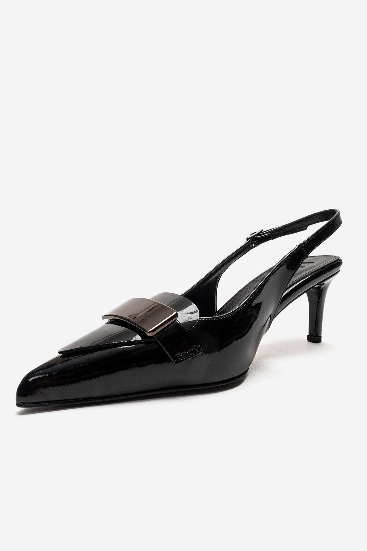 SOLLENNE - Black Stiletto Pump – top view showing leather, black, Vowalisse