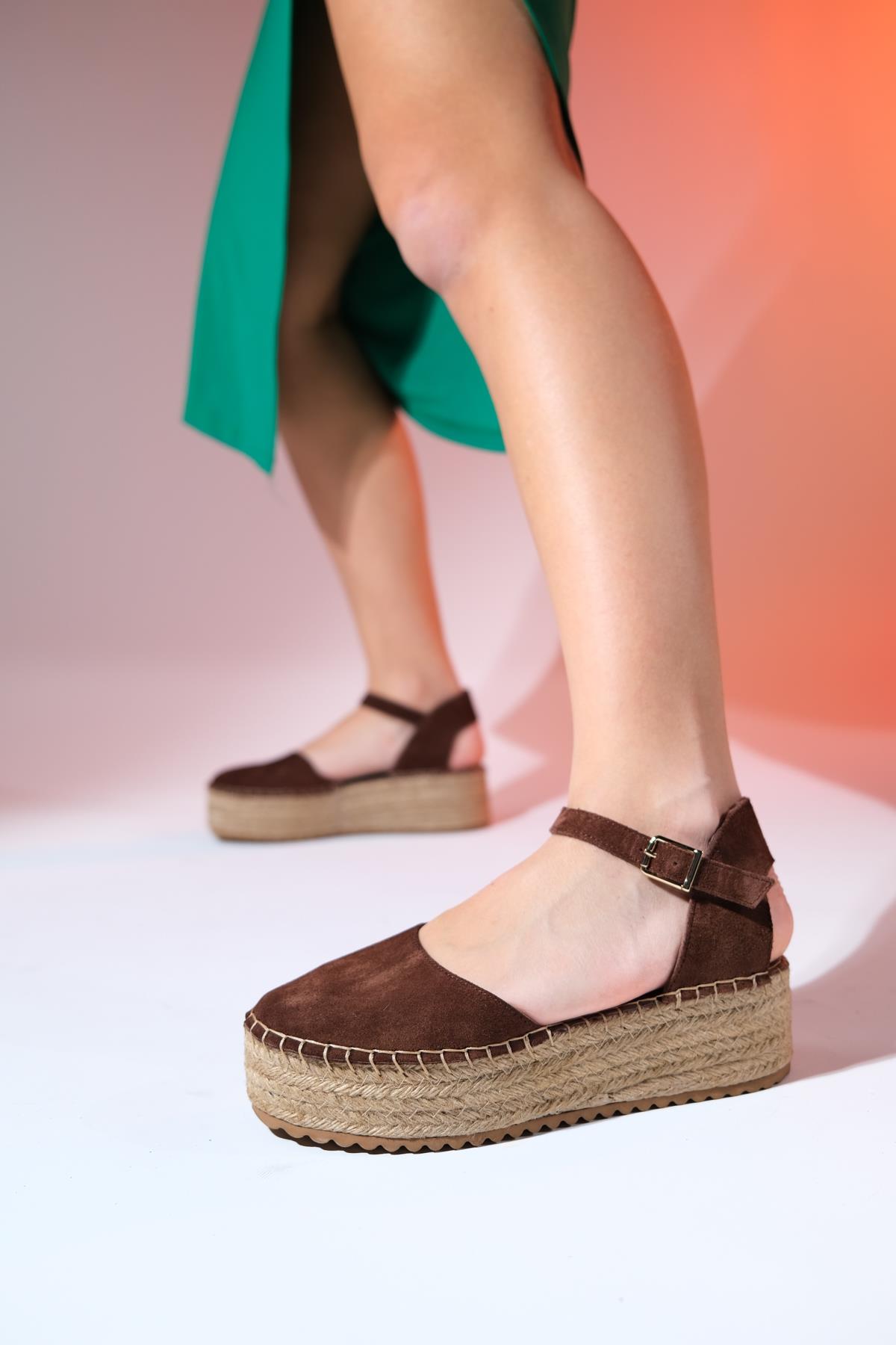 Viba - Brown Suede Leather Espadrilles – top view showing leather, suede, red, Vowalisse