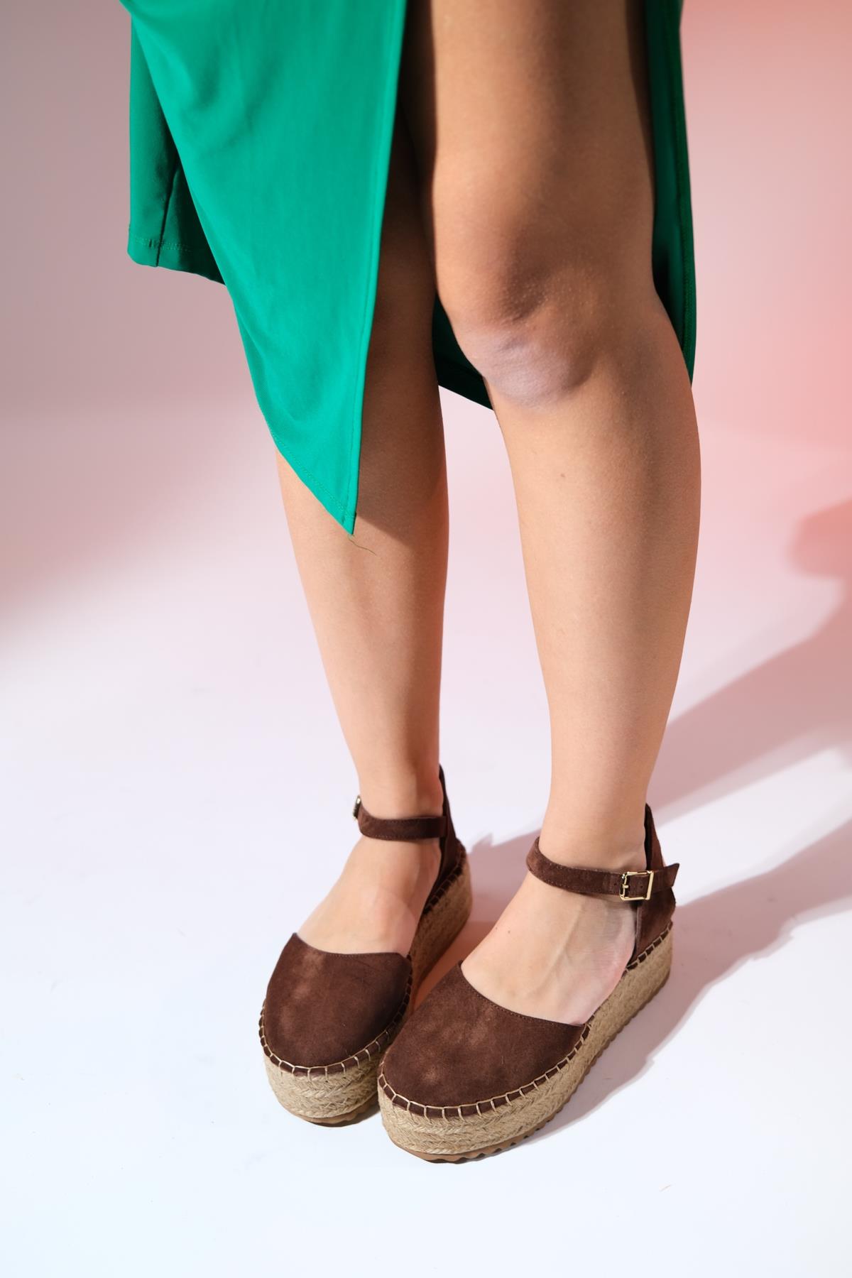 Viba - Brown Suede Leather Espadrilles – sole view showing leather, suede, red, Vowalisse