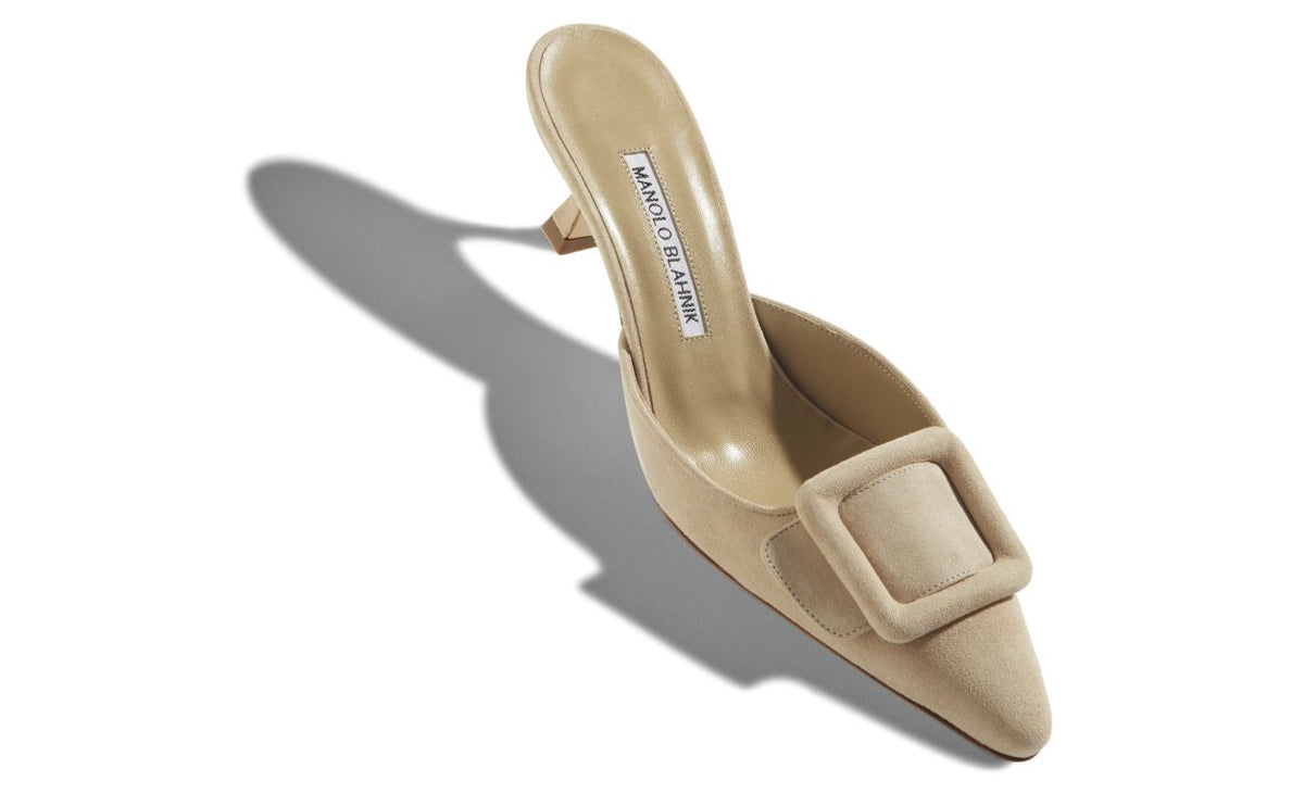 Juliette Belle Neutral Suede Mules – front three-quarter view showing neutral suede, Vowalisse