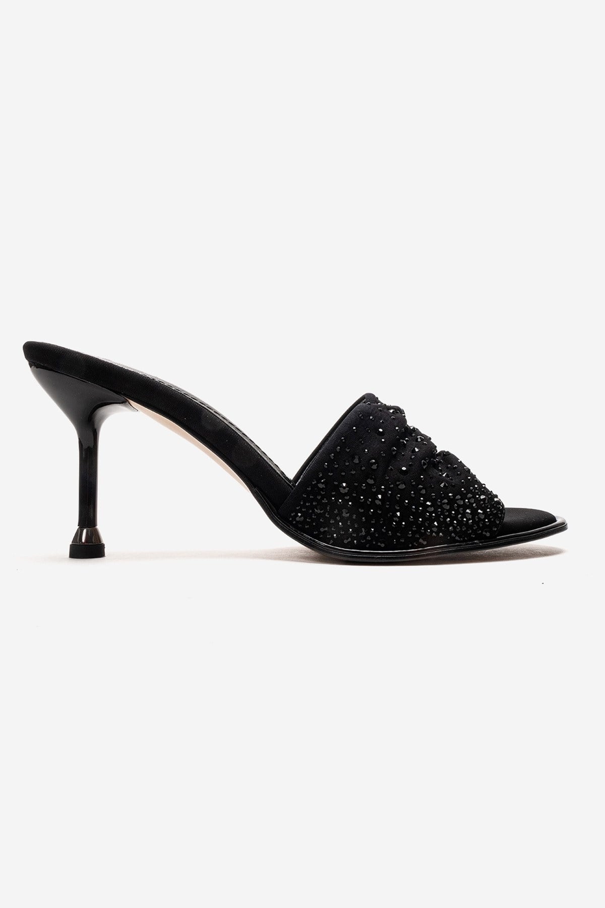 Karina - Black Stiletto Mule – heel view showing leather, black, Vowalisse