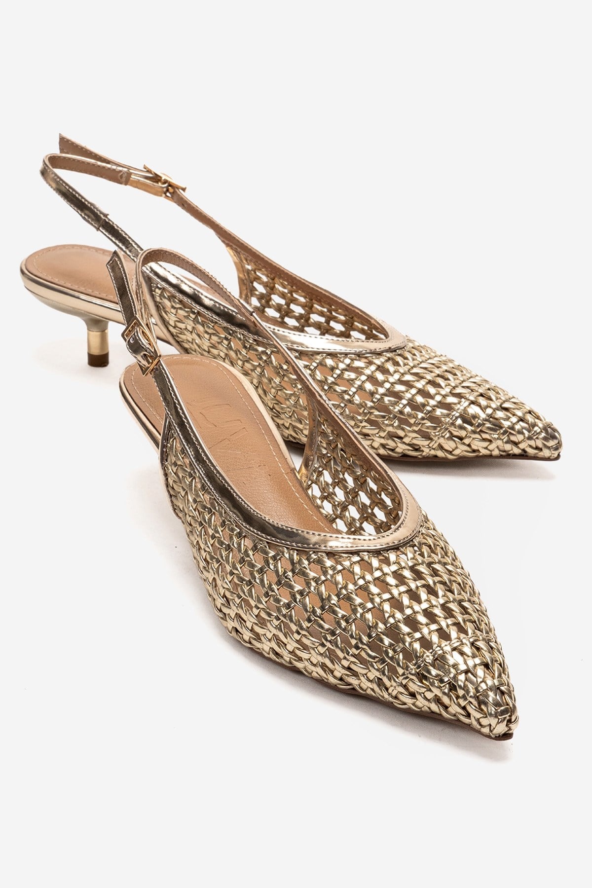 Orelis - Gold Kitten Heel Shoe – front three-quarter view showing leather, gold, Vowalisse