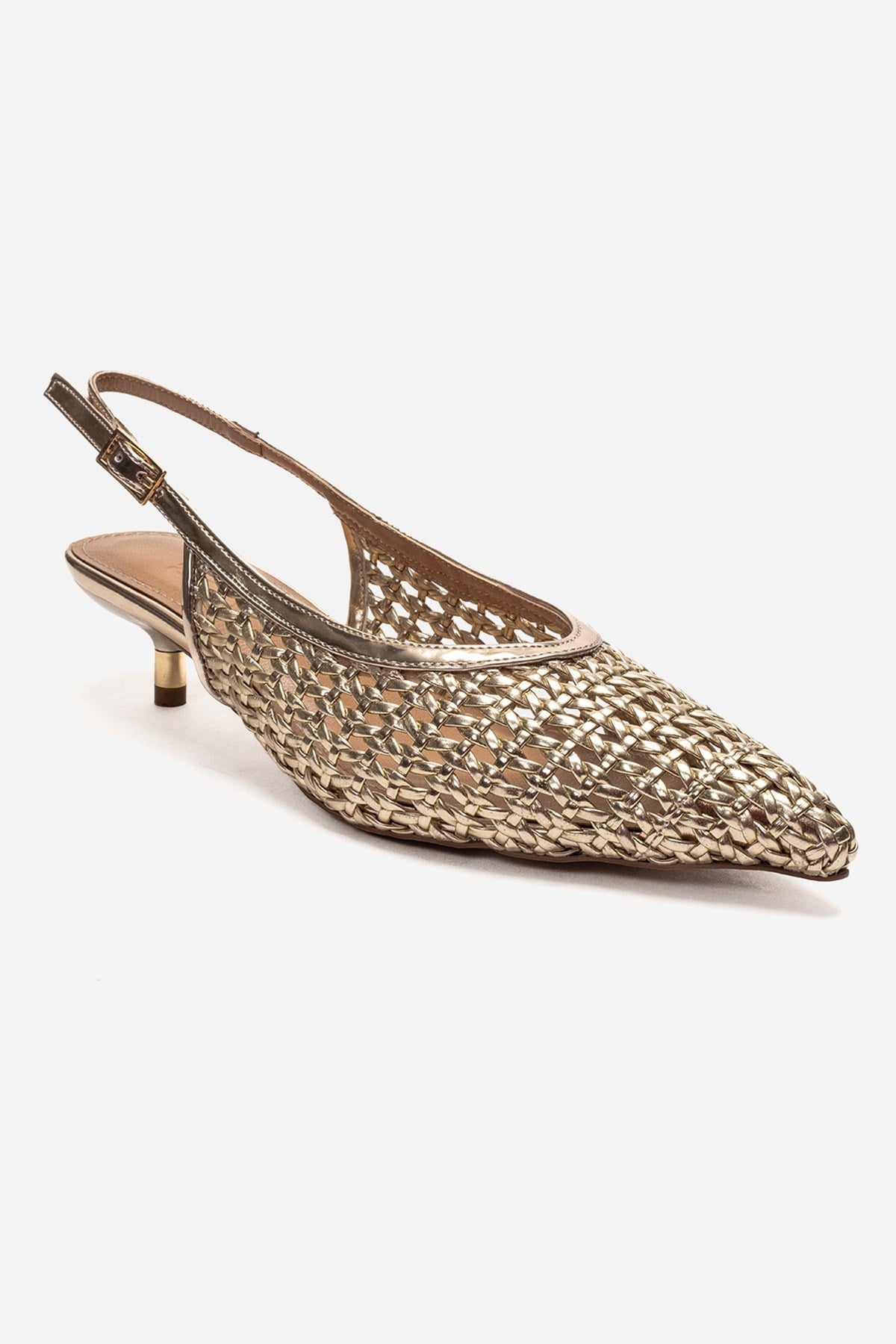 Orelis - Gold Kitten Heel Shoe – detail view showing leather, gold, Vowalisse
