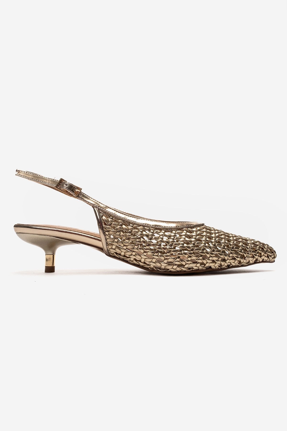 Orelis - Gold Kitten Heel Shoe – heel view showing leather, gold, Vowalisse