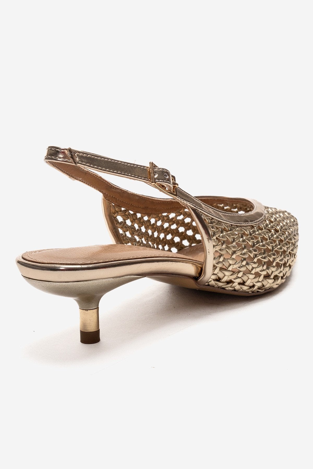 Orelis - Gold Kitten Heel Shoe – back view showing leather, gold, Vowalisse