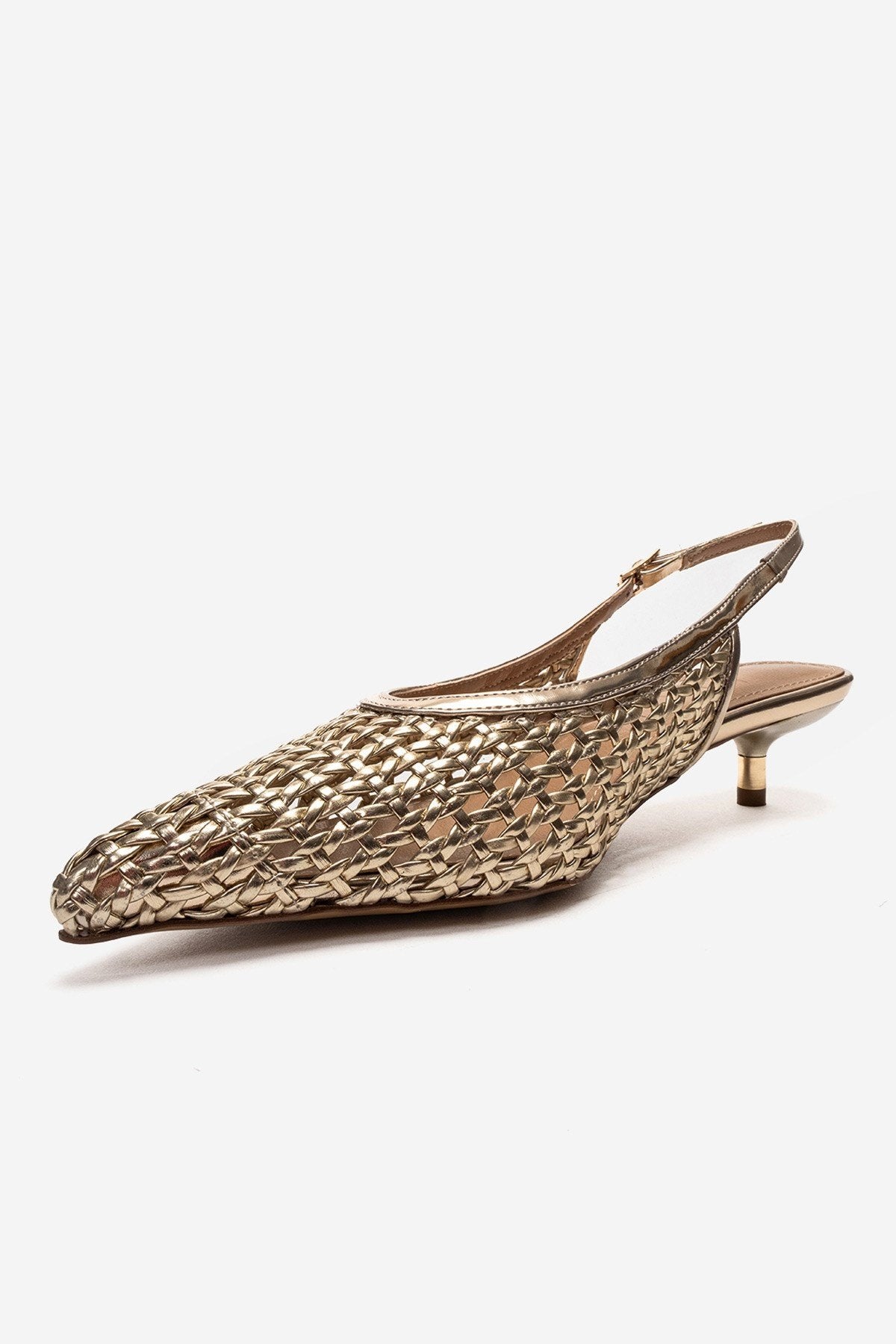 Orelis - Gold Kitten Heel Shoe – top view showing leather, gold, Vowalisse