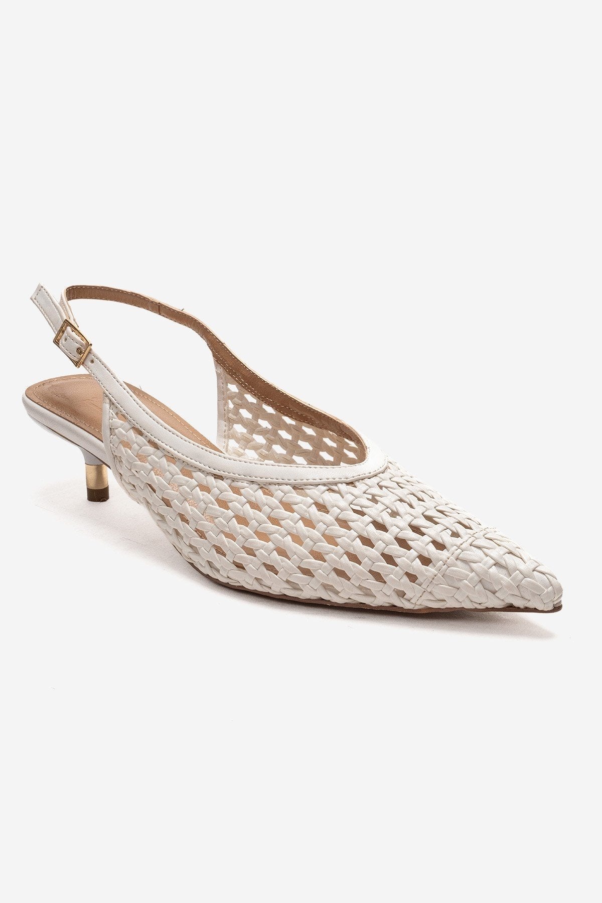 Orelis - White Kitten Heel – detail view showing leather, white, red, Vowalisse
