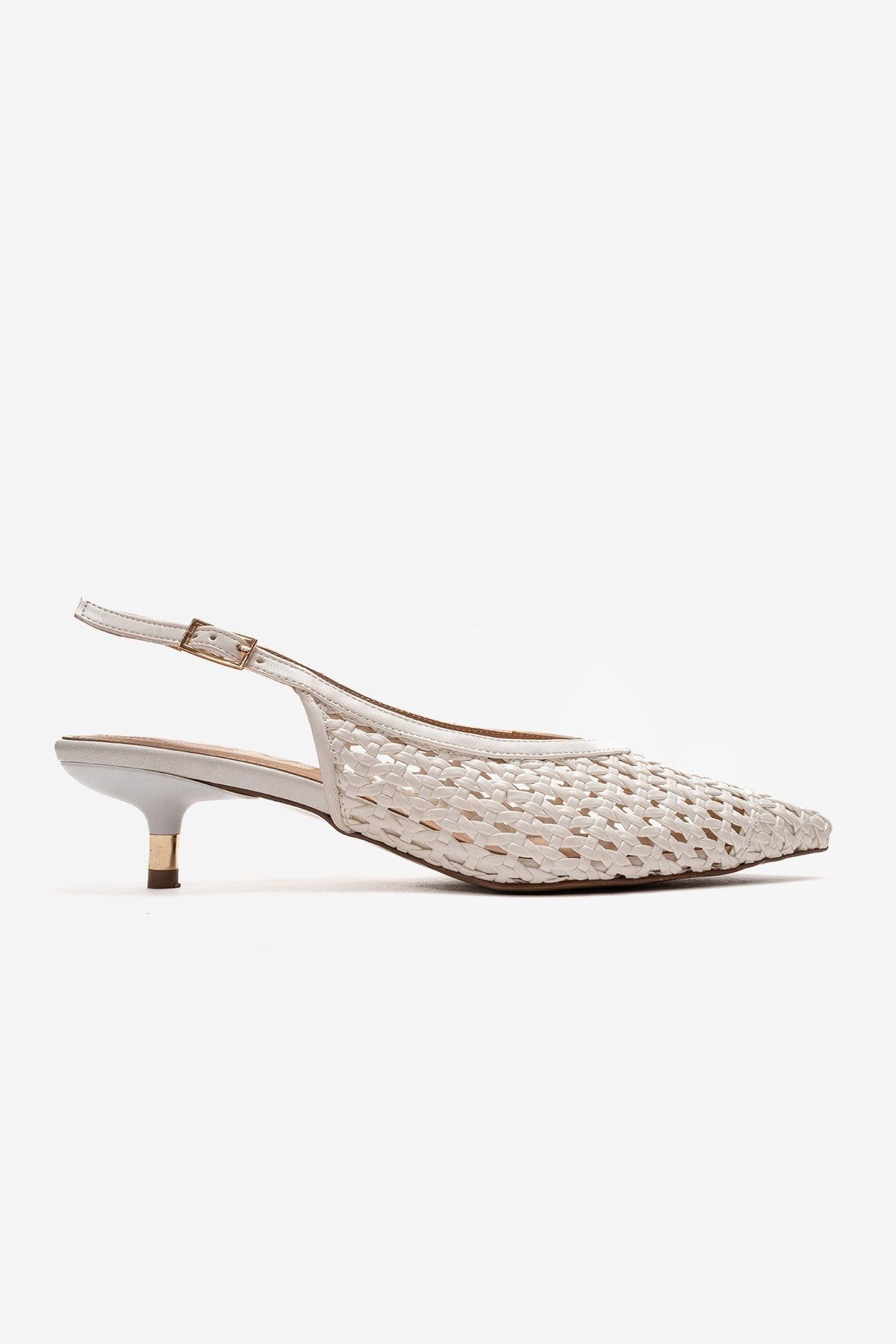 Orelis - White Kitten Heel – heel view showing leather, white, red, Vowalisse