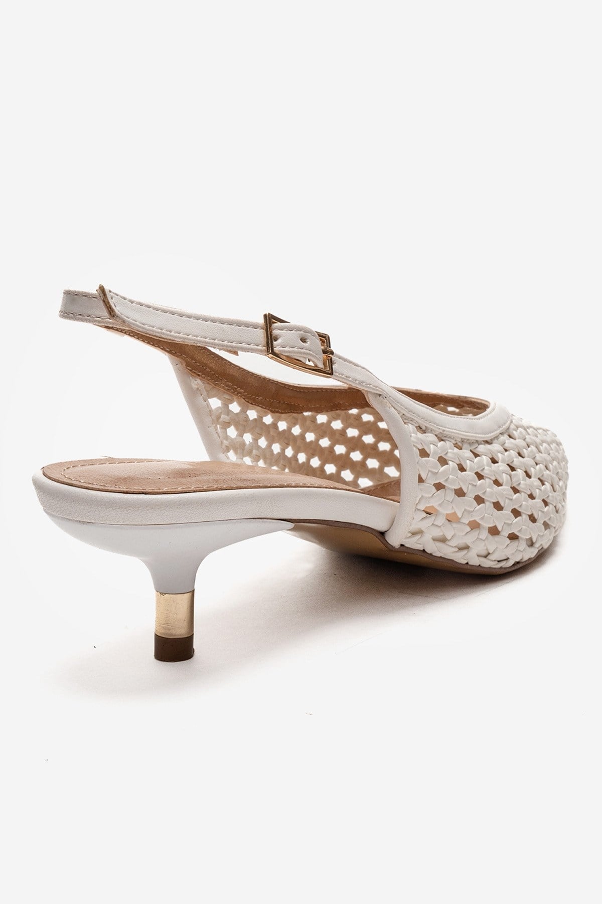 Orelis - White Kitten Heel – back view showing leather, white, red, Vowalisse