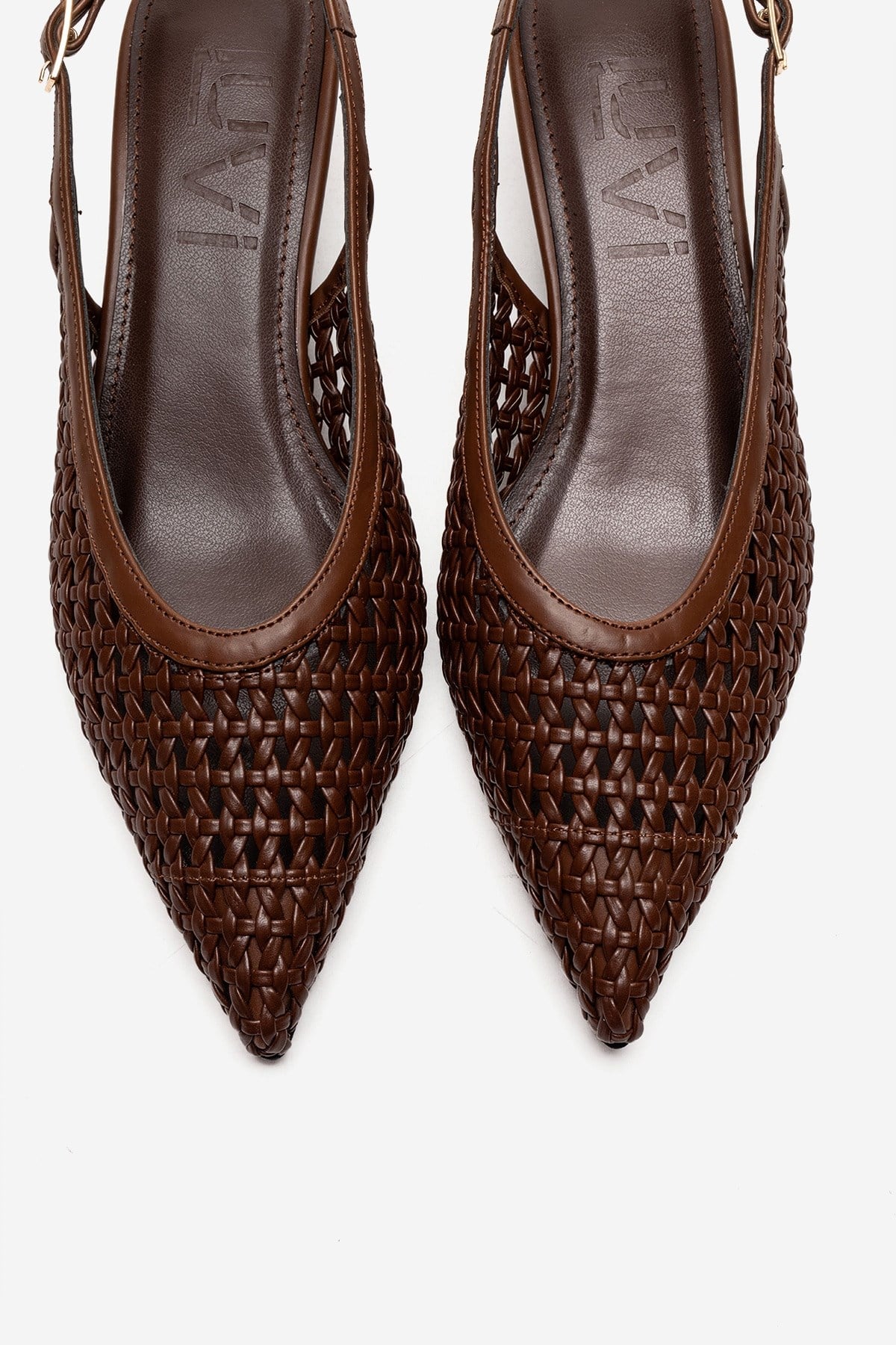 Orelis - Brown Kitten Heel – side view showing leather, red, Vowalisse