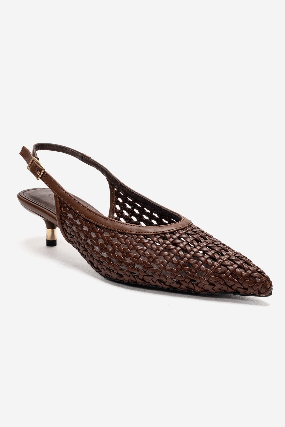 Orelis - Brown Kitten Heel – detail view showing leather, red, Vowalisse