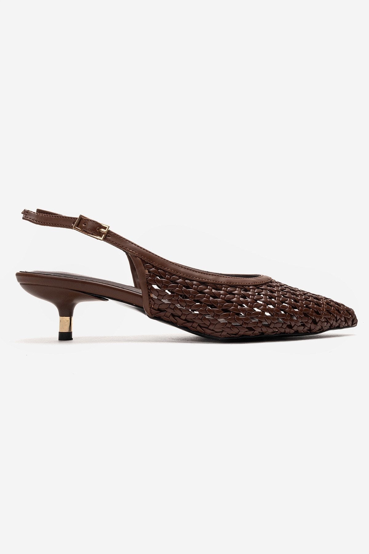 Orelis - Brown Kitten Heel – heel view showing leather, red, Vowalisse