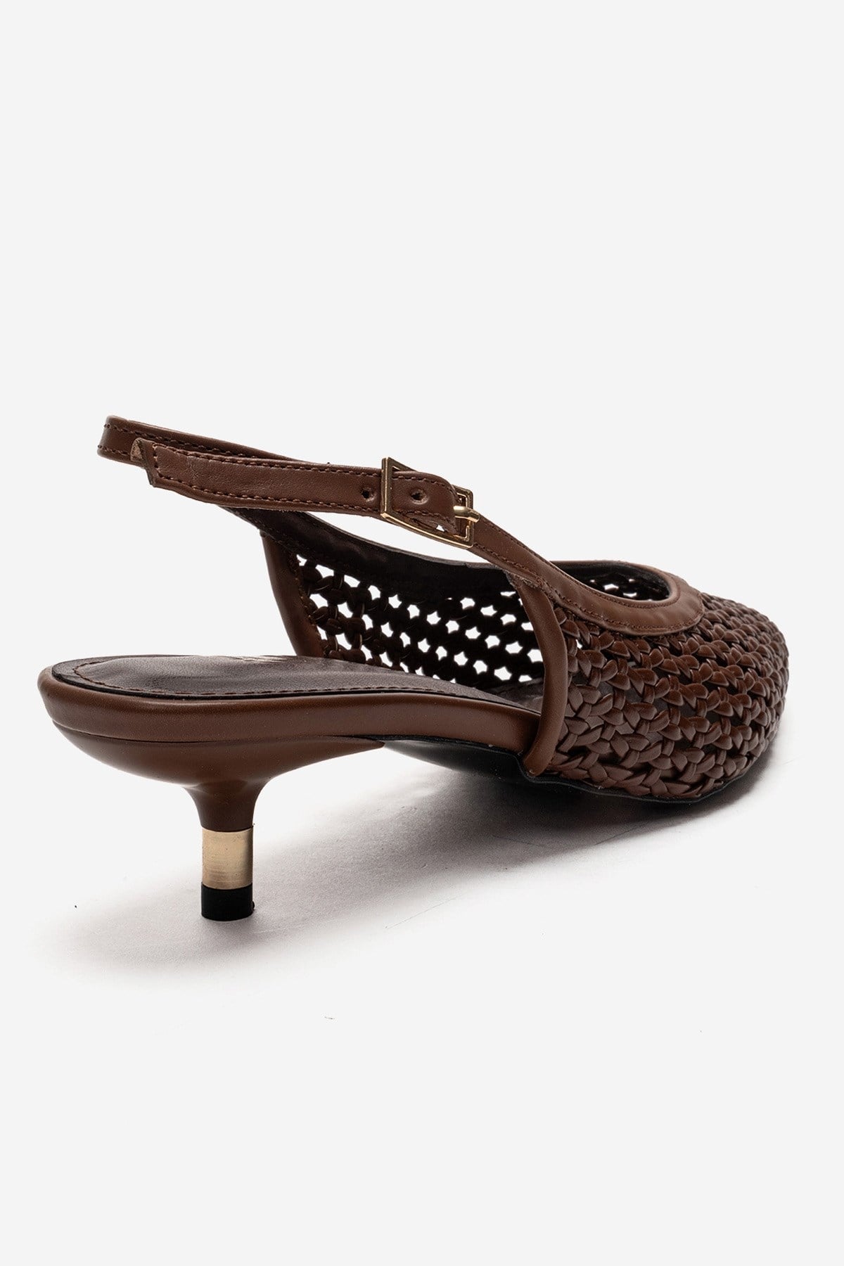 Orelis - Brown Kitten Heel – back view showing leather, red, Vowalisse