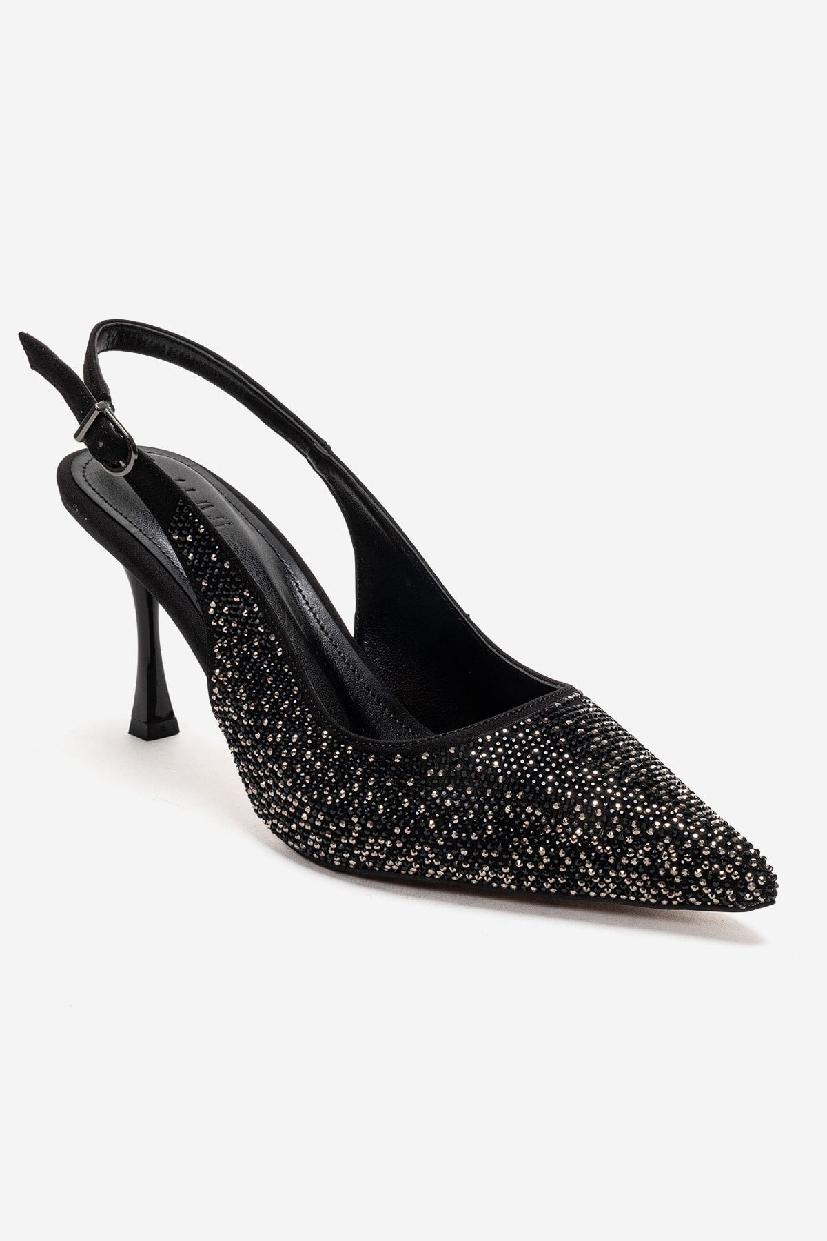 Johanna - Black Stiletto Pump – detail view showing crystal, leather, black, Vowalisse