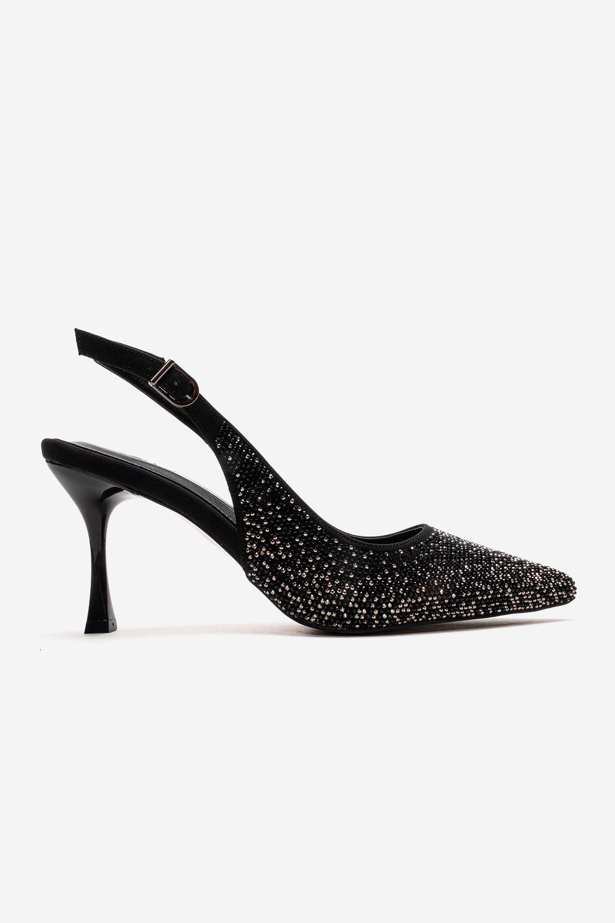 Johanna - Black Stiletto Pump – heel view showing crystal, leather, black, Vowalisse