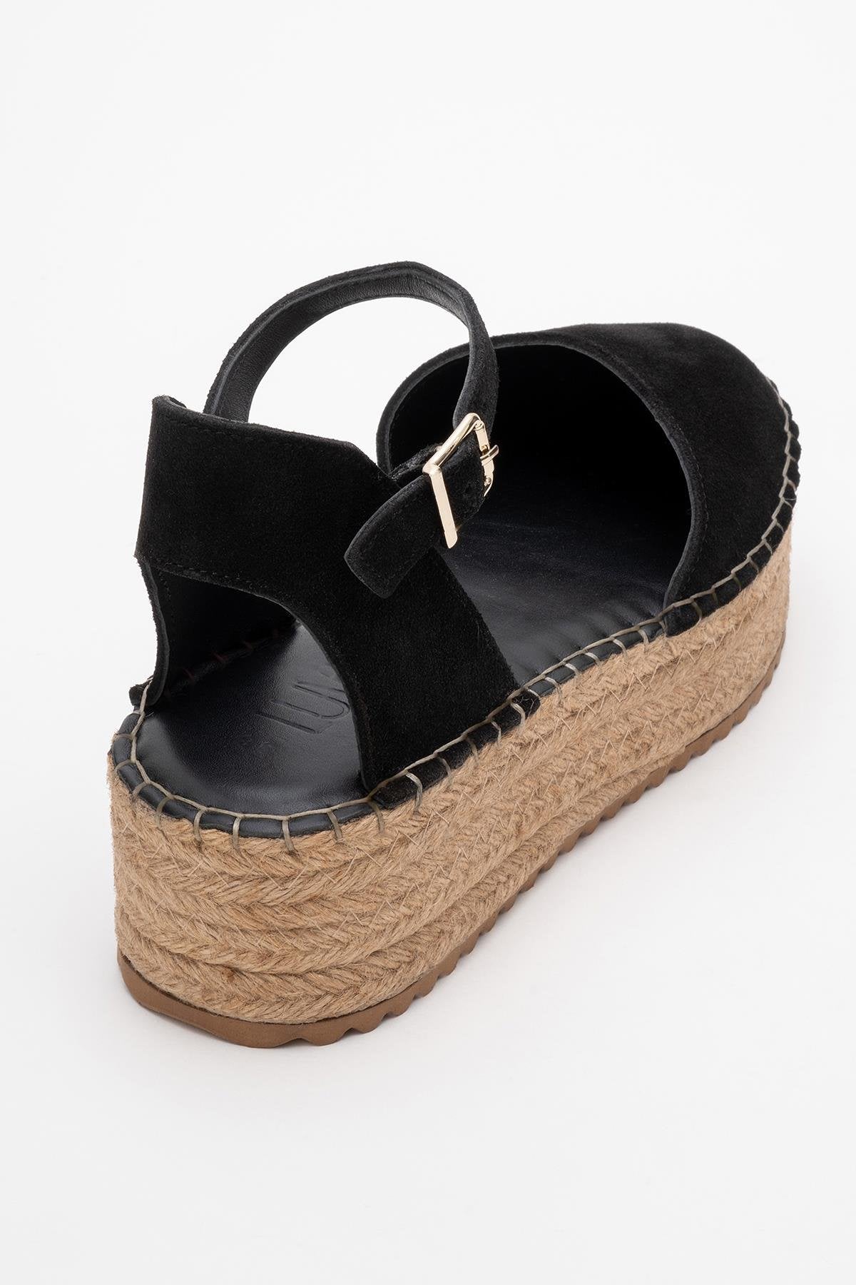 Viba - Black Suede Leather Espadrilles – heel view showing leather, suede, black, Vowalisse