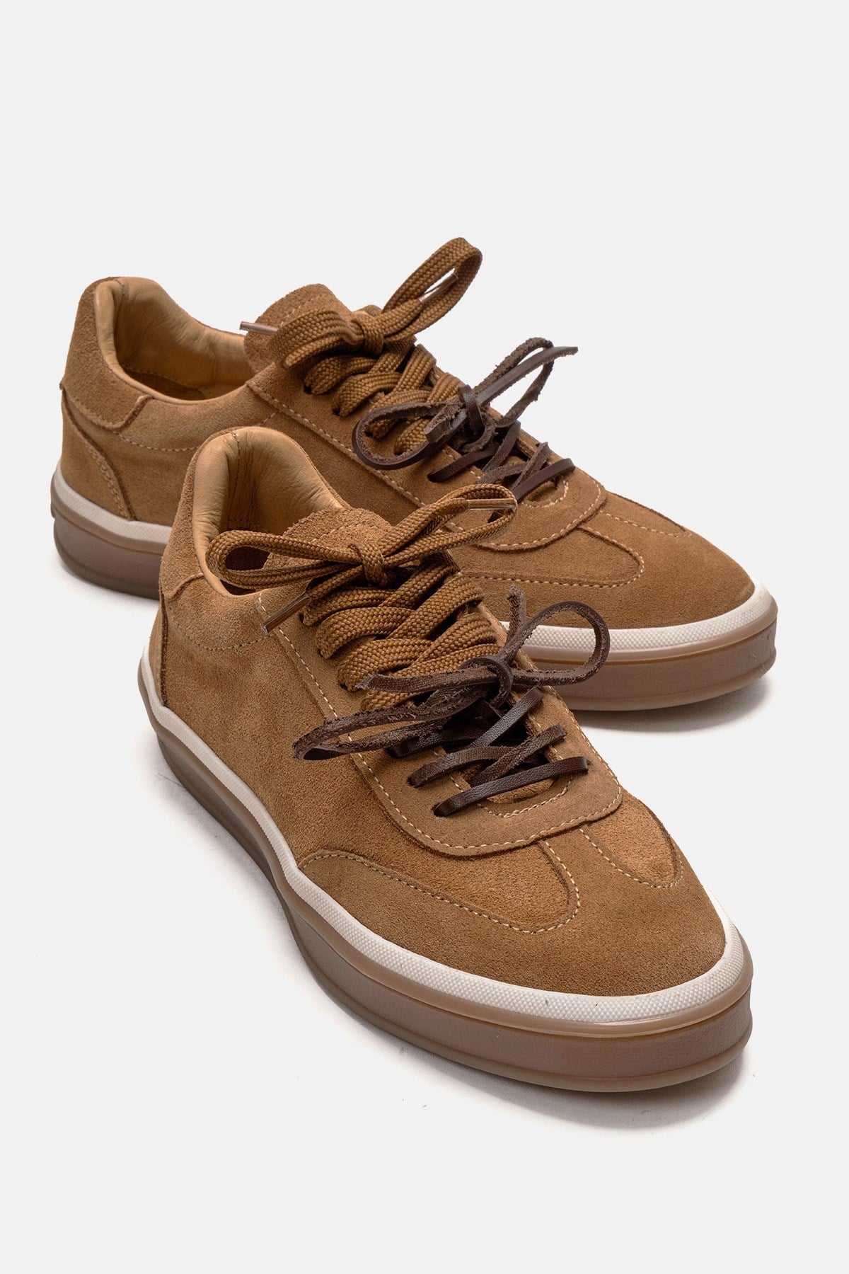 MELLE - Cognac Genuine Leather Everyday Sneaker – front three-quarter view showing leather, suede, Vowalisse