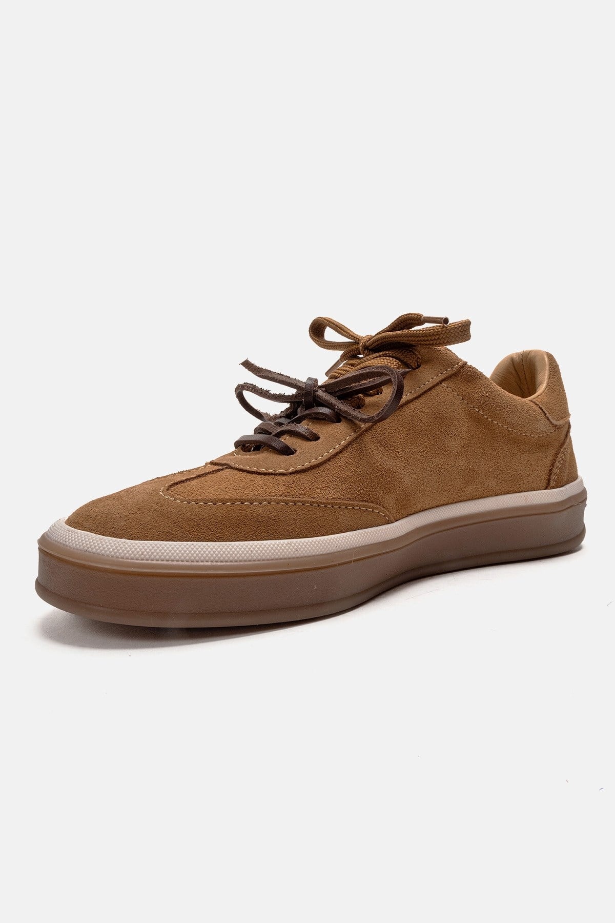 MELLE - Cognac Genuine Leather Everyday Sneaker – top view showing leather, suede, Vowalisse