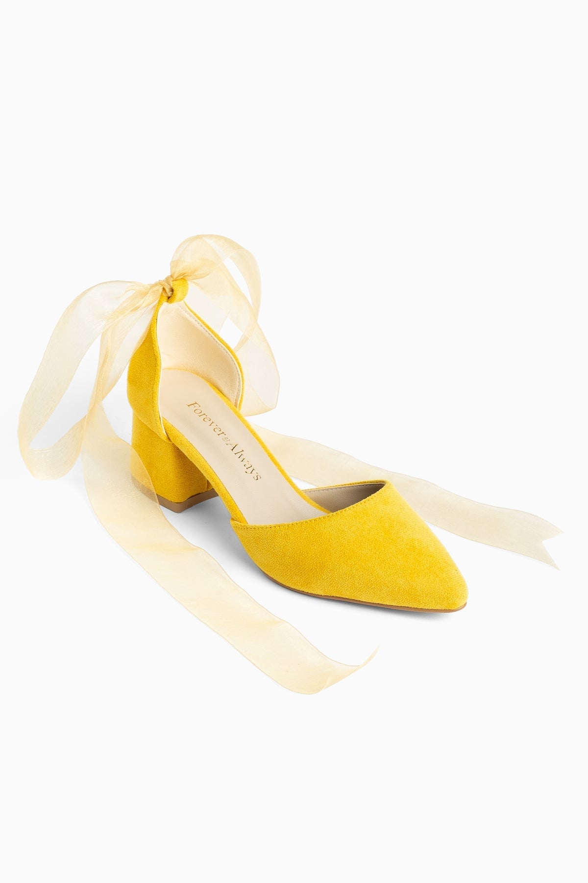 Fiona - Yellow Suede Heels With Tulle Ribbon – front three-quarter view showing suede, Vowalisse