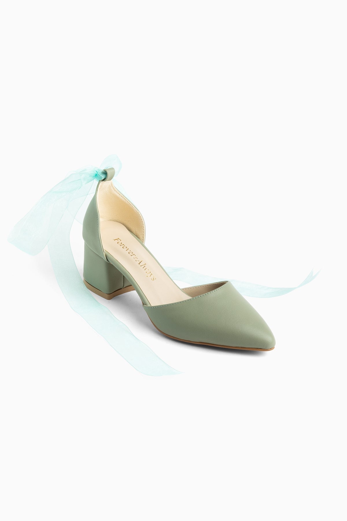 Fiona - Sage Green Heels With Tulle Ribbon – front three-quarter view showing green, Vowalisse