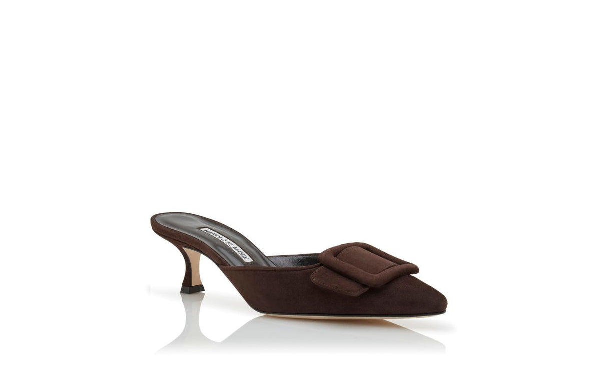 Marielle Dawn Brown Pointed Toe Mules – top view showing brown pointed toe, suede, Vowalisse