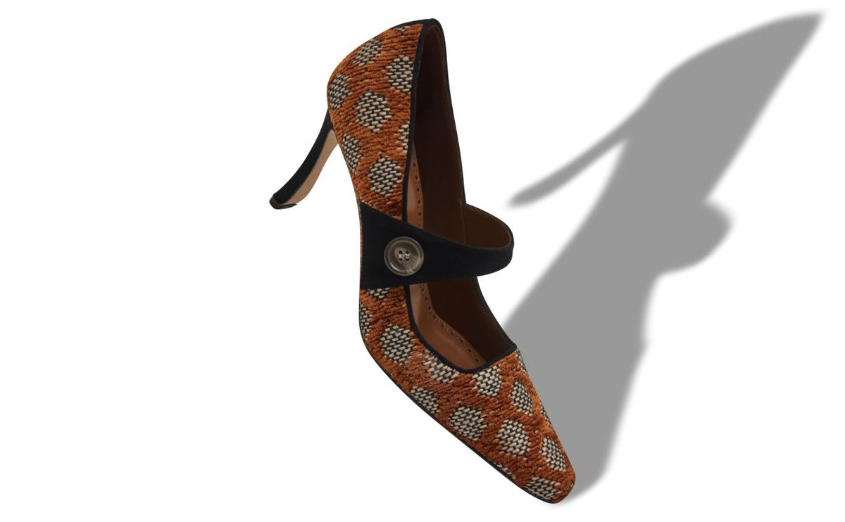Arabella Star Brown Almond Toe Mary Jane Shoes – front three-quarter view showing brown almond toe, suede, raffia…