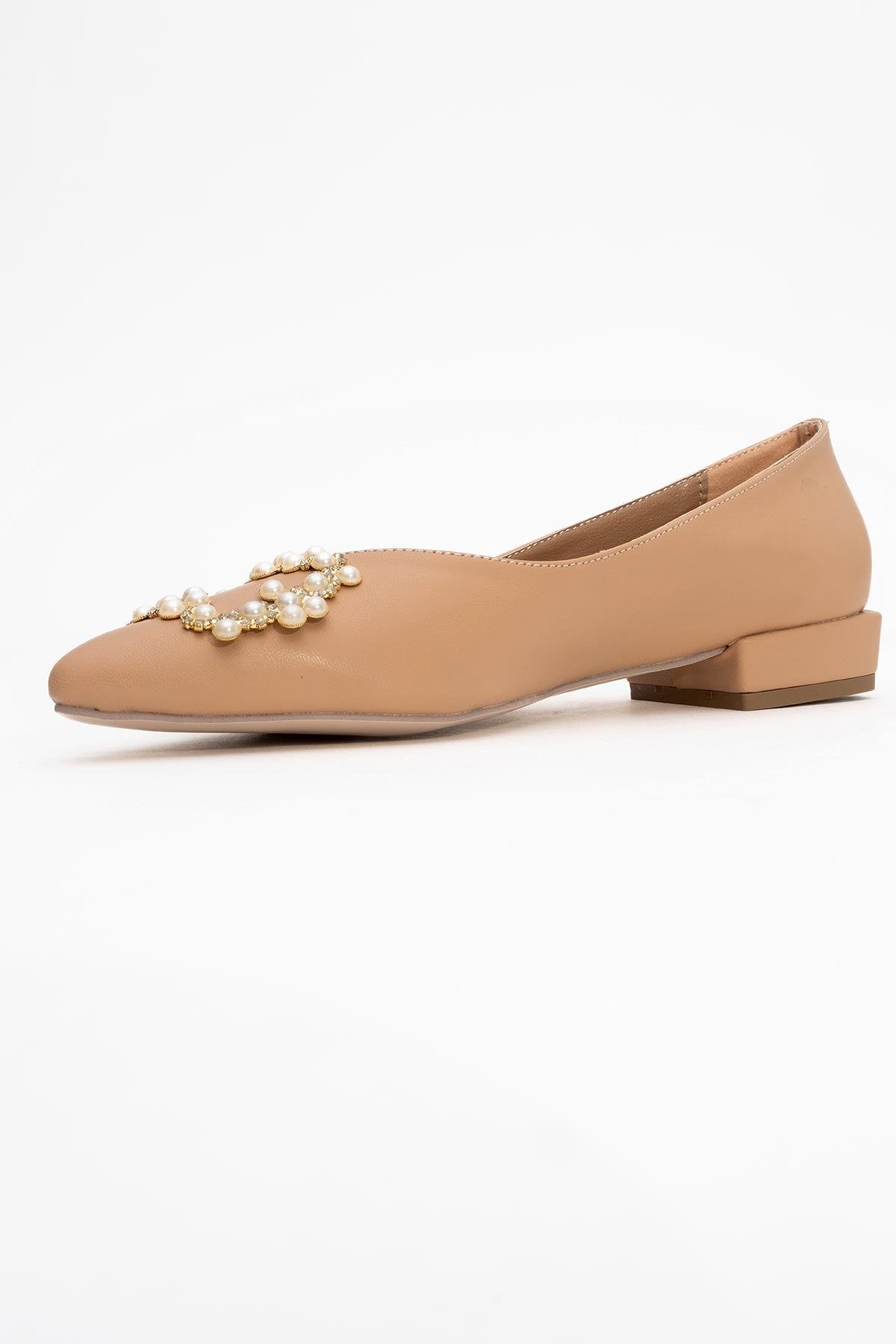 Ghent - Beige Pearl-Embellished Ballet Flat – heel view showing pearl, leather, Vowalisse