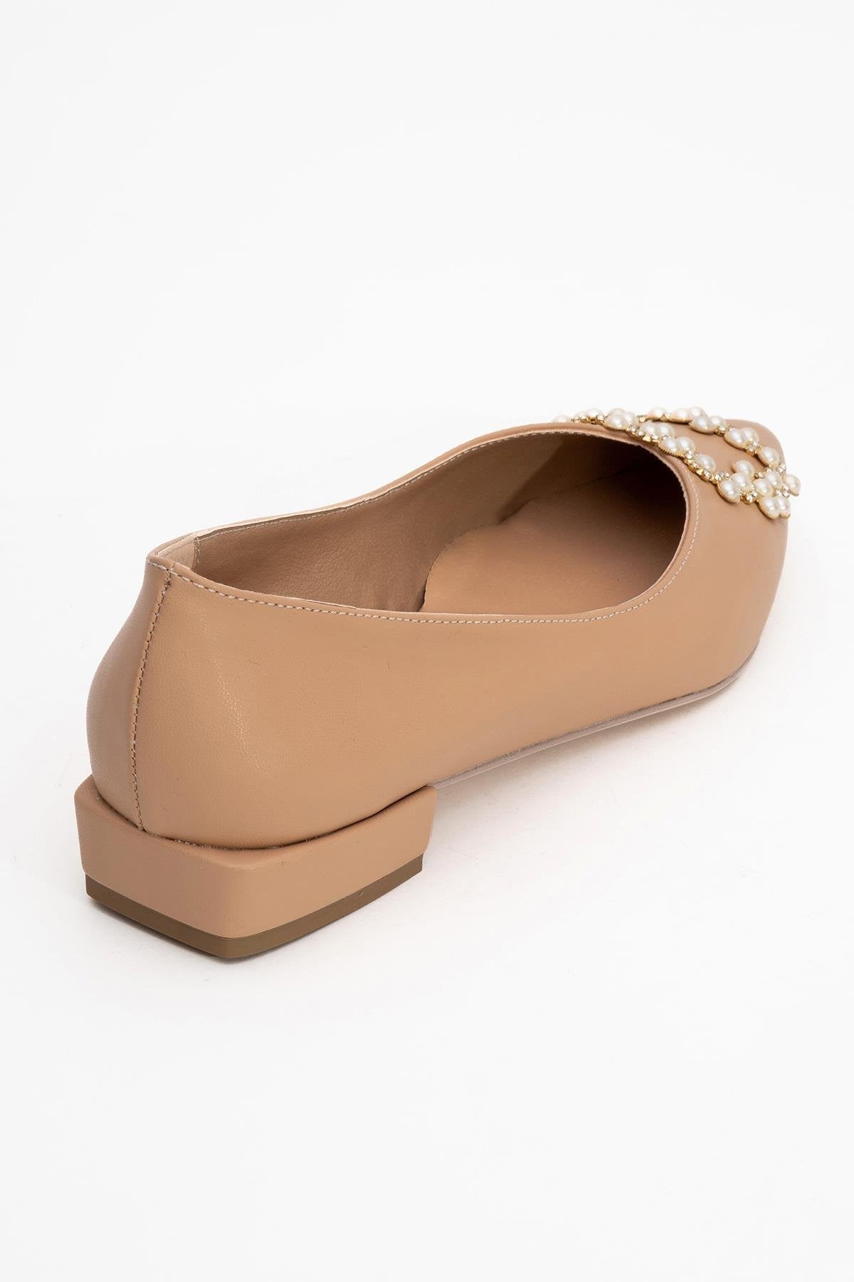 Ghent - Beige Pearl-Embellished Ballet Flat – back view showing pearl, leather, Vowalisse