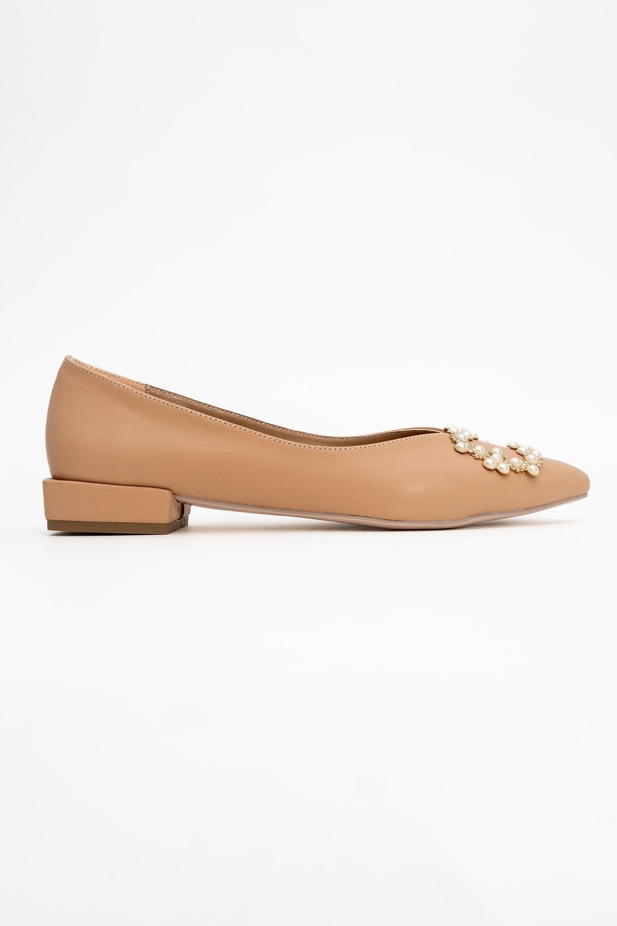 Ghent - Beige Pearl-Embellished Ballet Flat – top view showing pearl, leather, Vowalisse