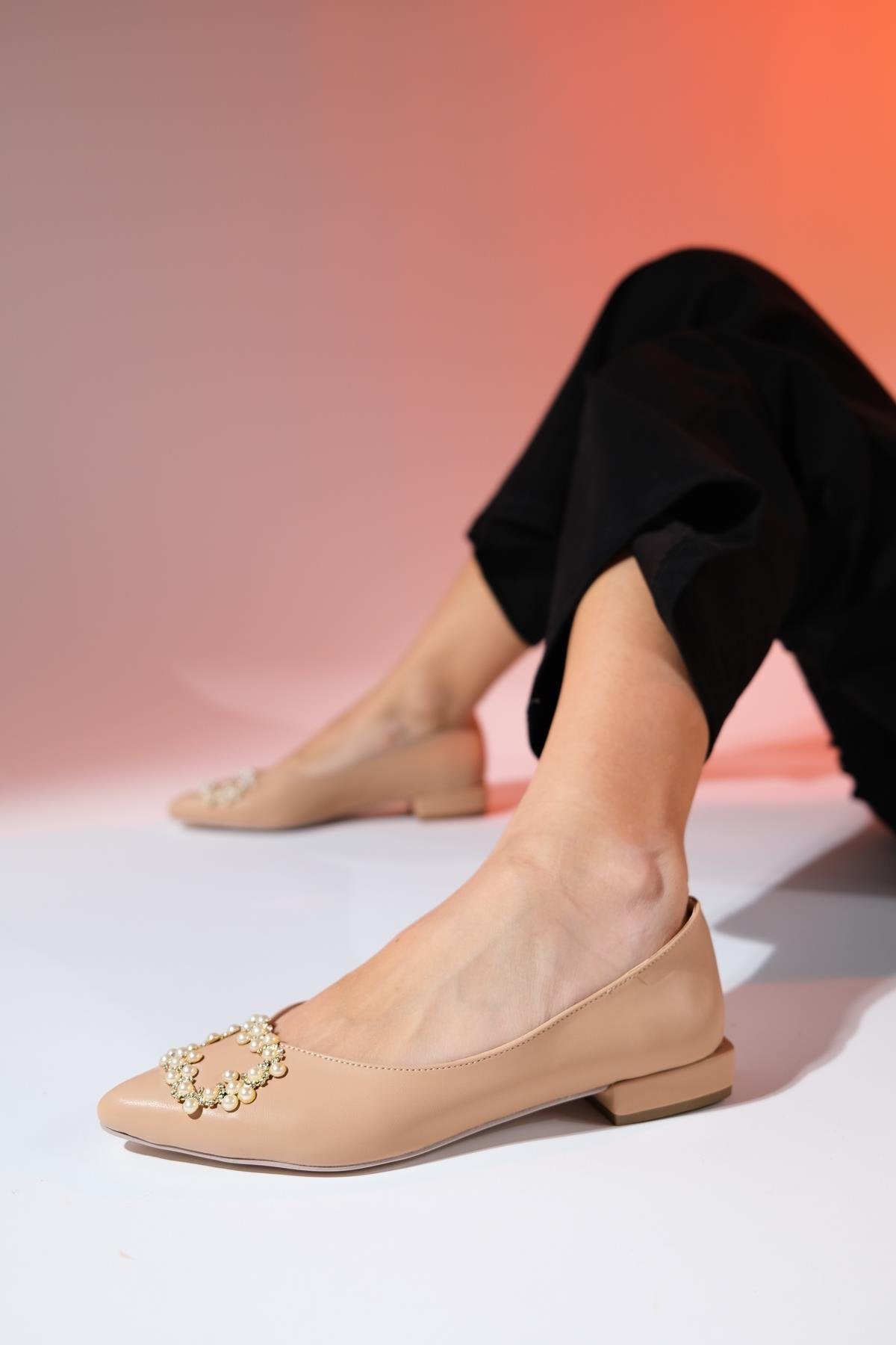 Ghent - Beige Pearl-Embellished Ballet Flat – pair view showing pearl, leather, Vowalisse
