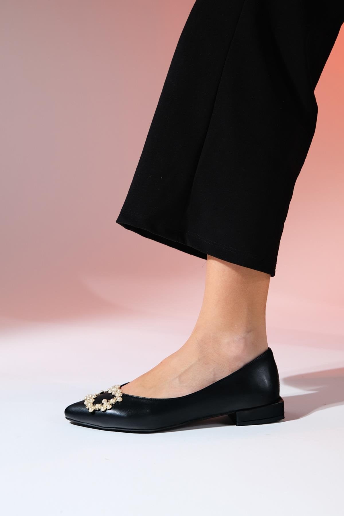 Ghent - Black Pearl Embellished Ballet Flat – detail view showing pearl, leather, black, Vowalisse