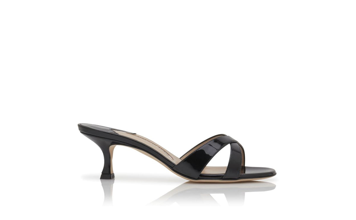 Aurelia Dream Black Crossover Mules – side profile showing black crossover, open toe, patent leather, Vowalisse