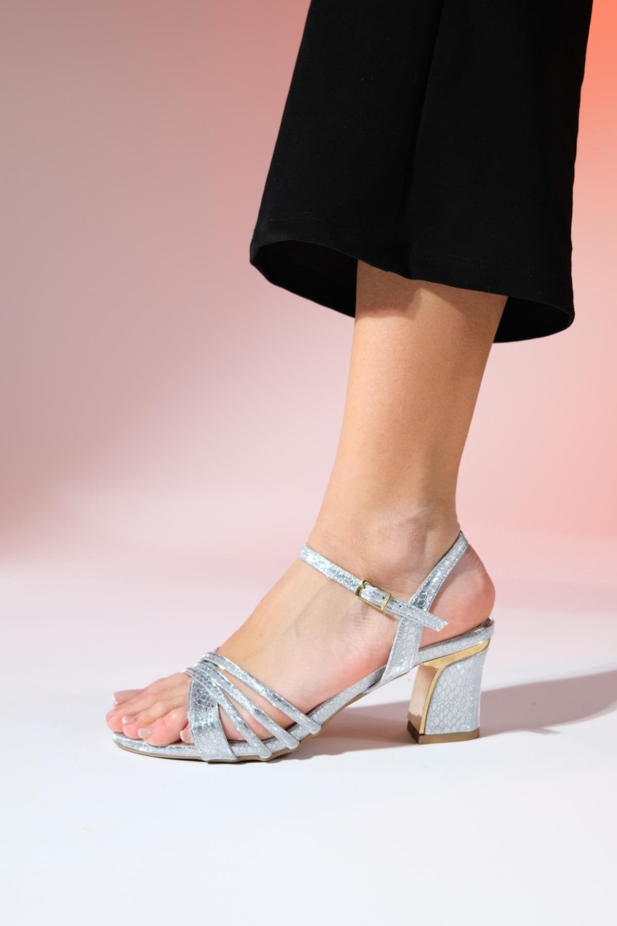 Lota - Silver Patterned Block Heel Dress Shoe – heel view showing leather, metallic, silver, Vowalisse